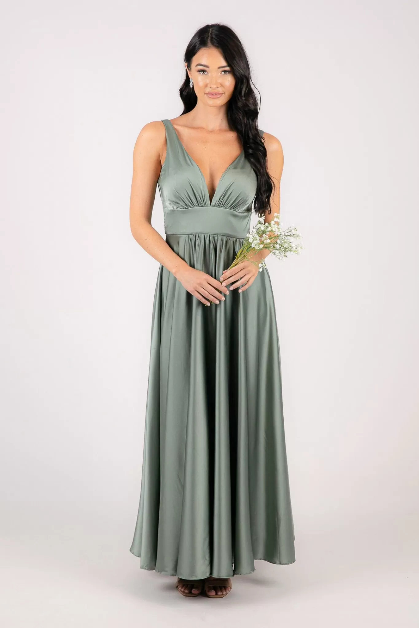 Women Hot Pink Dresses | Backless Dresses>ISABEL A-Line Satin Maxi Dress - Sage Green