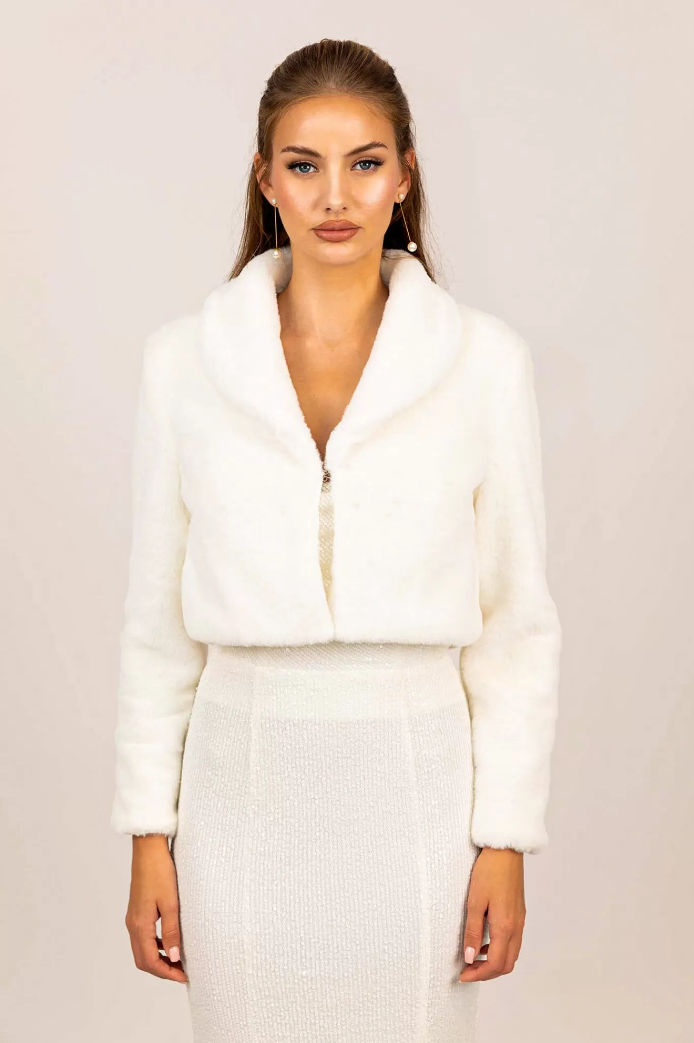 Women Hot Pink Black Tie Dresses | Outerwear>Julieta Faux Fur Collar Jacket - White