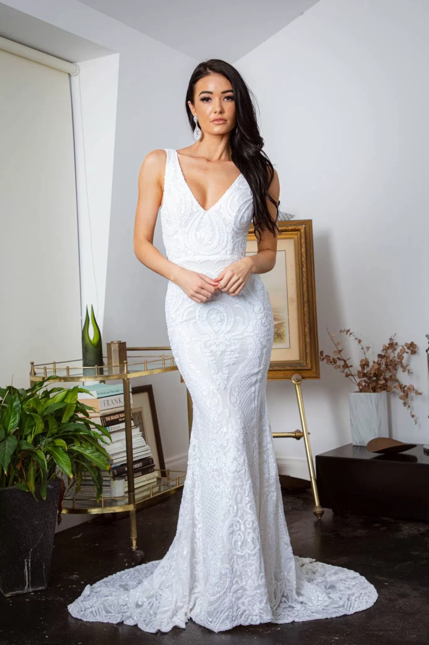 Women NBLUXE Dresses | Backless Dresses>Kalani Pattern Sequin Gown - White/White