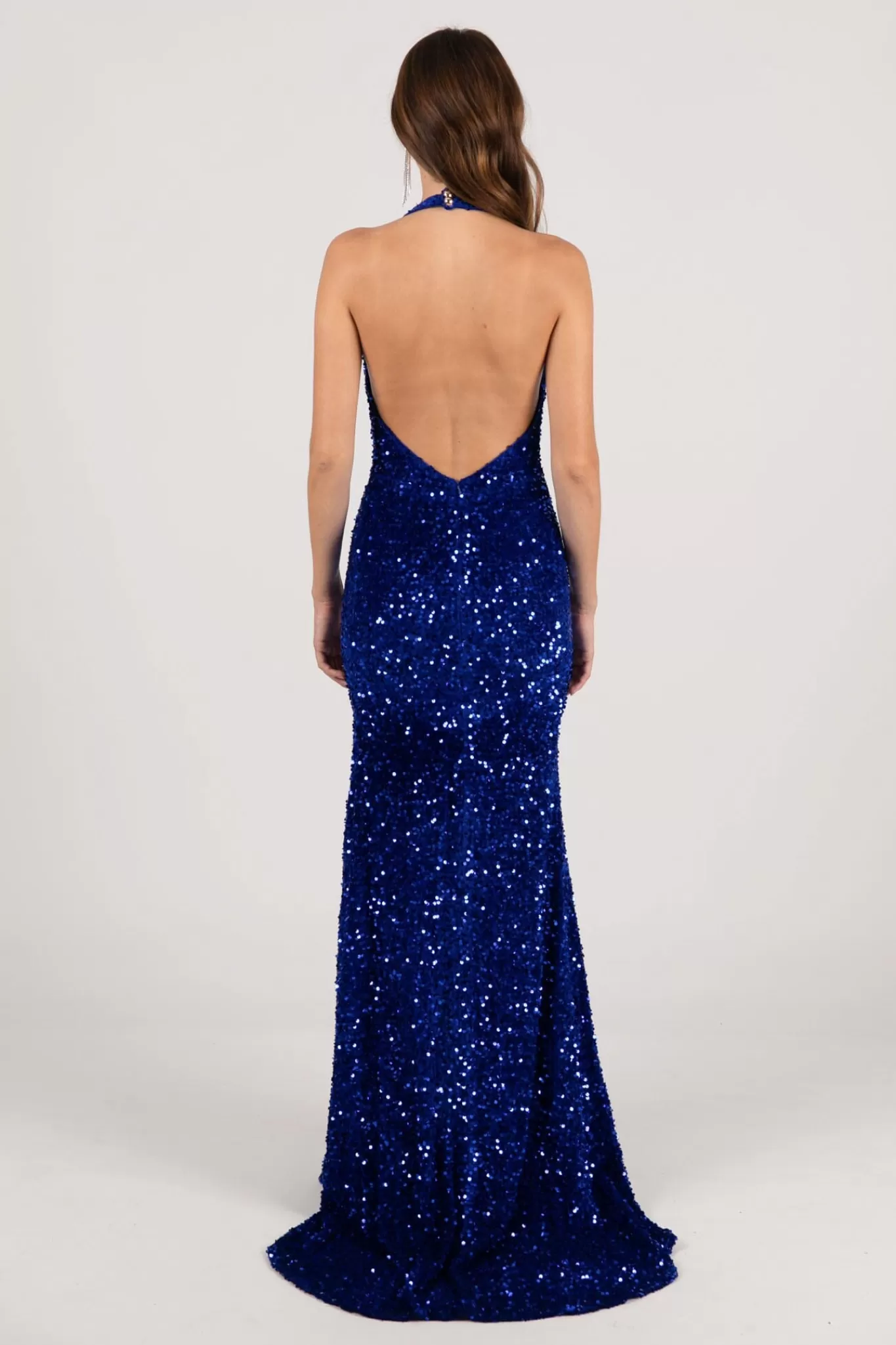 Women NBLUXE Dresses | Black Tie Dresses>KENDALL Halter Neck Velvet Sequin Gown - Royal Blue