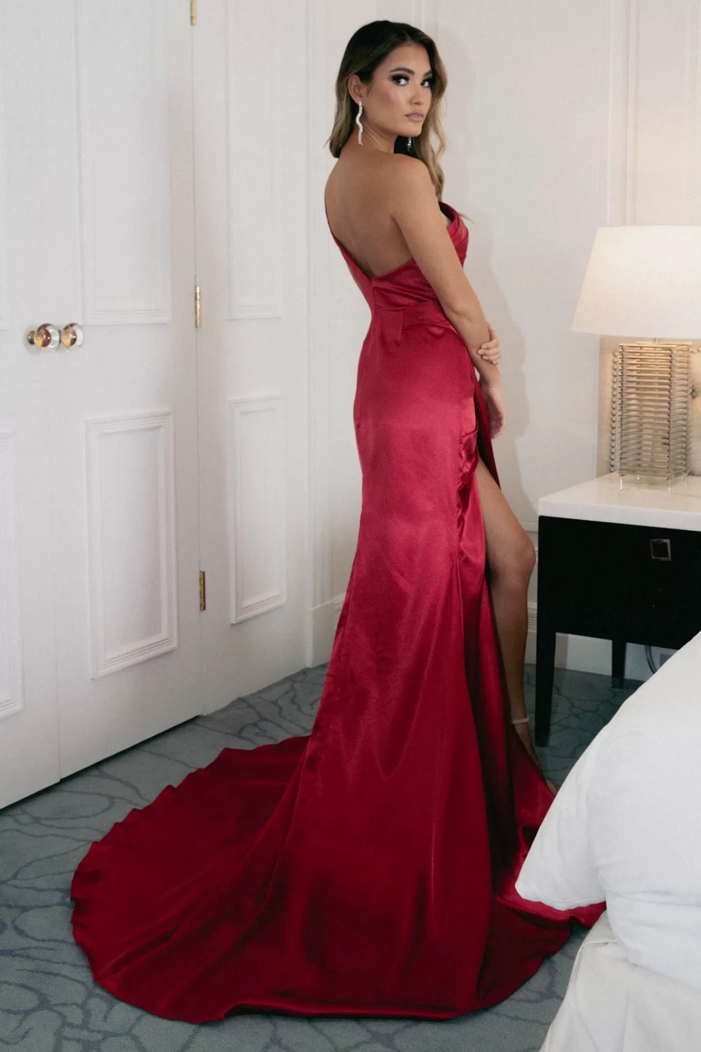 Women NBLUXE Dresses | Backless Dresses>Kendra One Shoulder Satin Gown - Deep Red