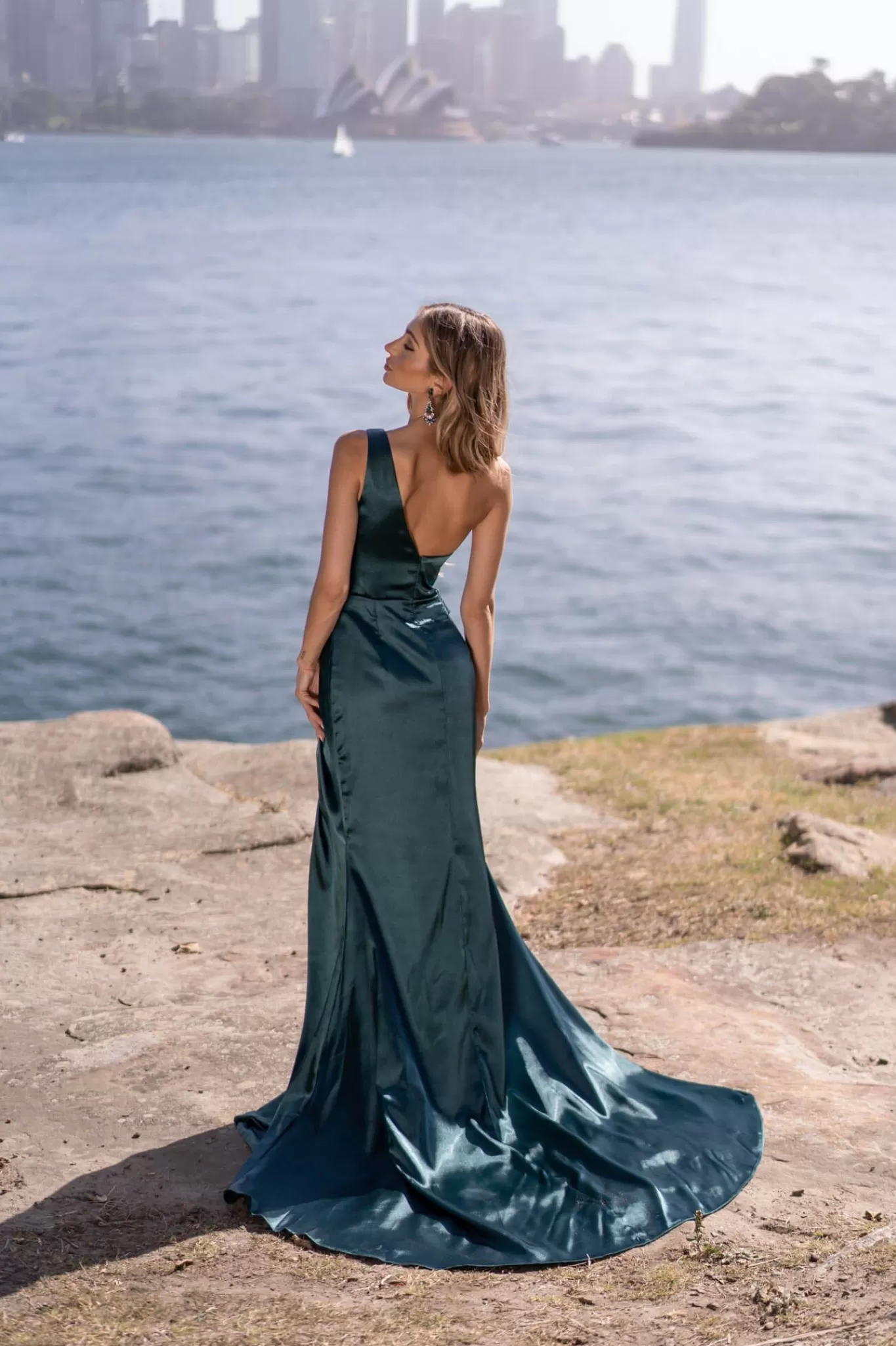 Women NBLUXE Dresses | Black Tie Dresses>Kendra One Shoulder Satin Gown - Emerald