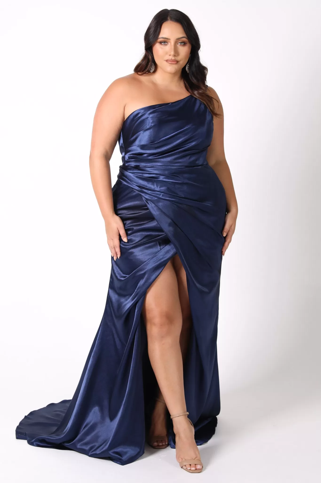 Women NBLUXE Dresses | Backless Dresses>Kendra One Shoulder Satin Gown - Navy