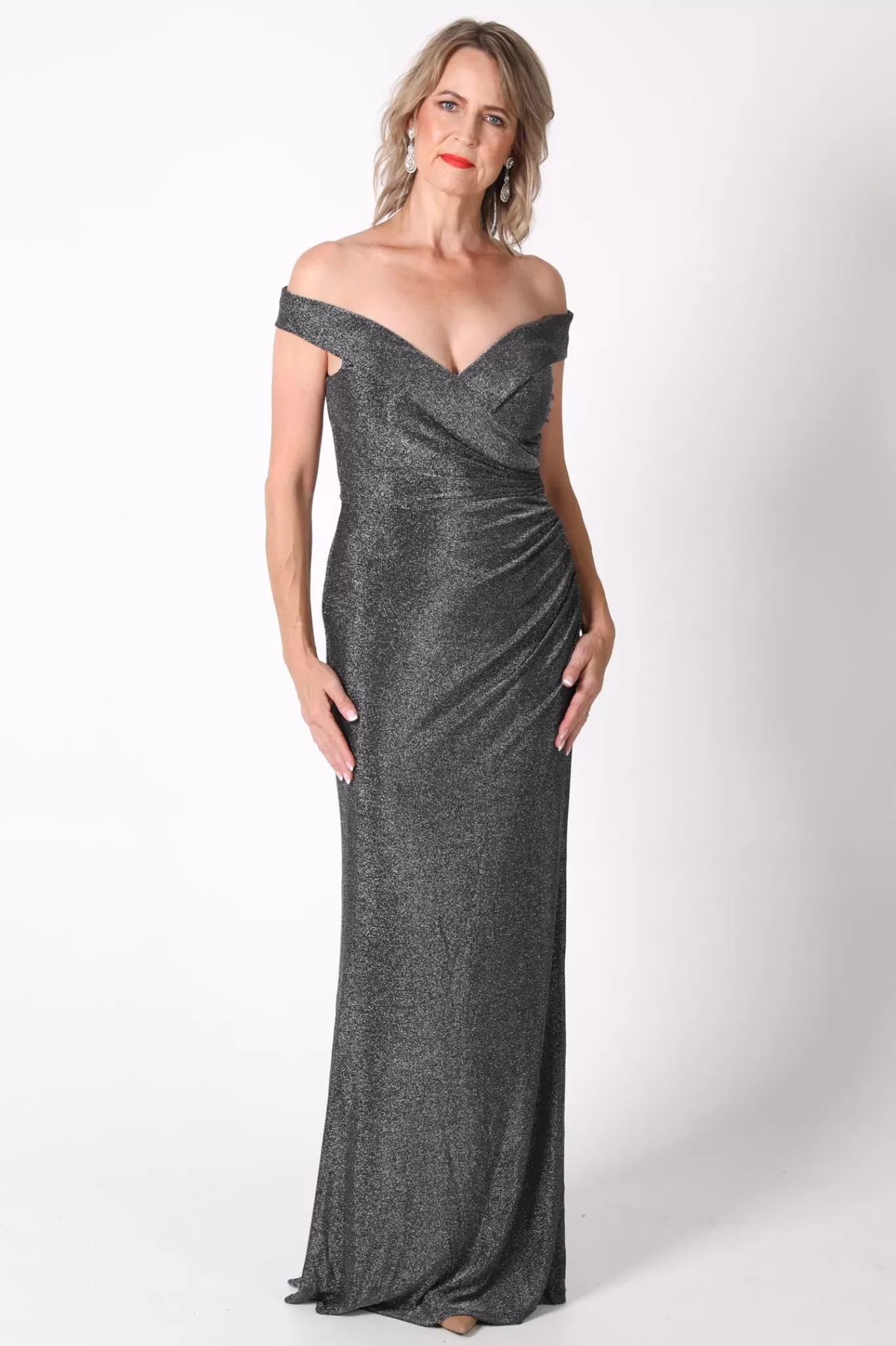 Women Hot Pink Dresses | Black Tie Dresses>Lawrence Off Shoulder Maxi Dress - Shimmer Grey