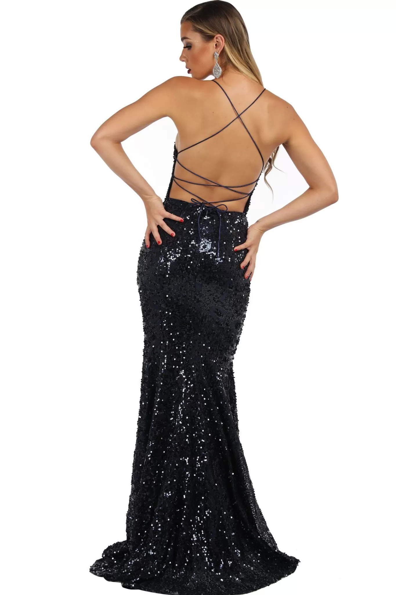 Women Hot Pink Dresses | Backless Dresses>Leona Sequin Beaded Lace Up Gown - Navy