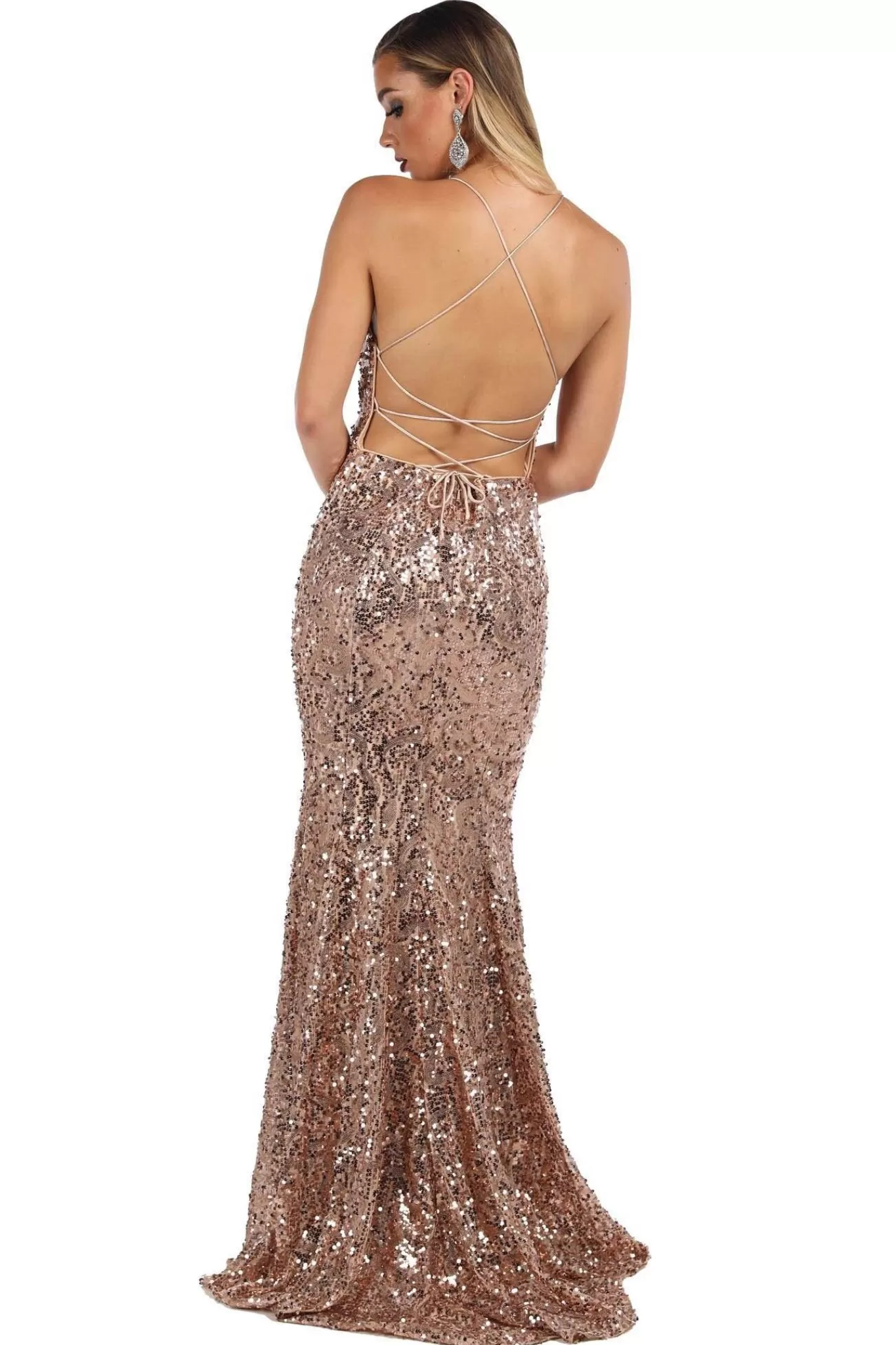 Women Hot Pink Dresses | Backless Dresses>Leona Sequin Beaded Lace Up Gown - Rose Gold