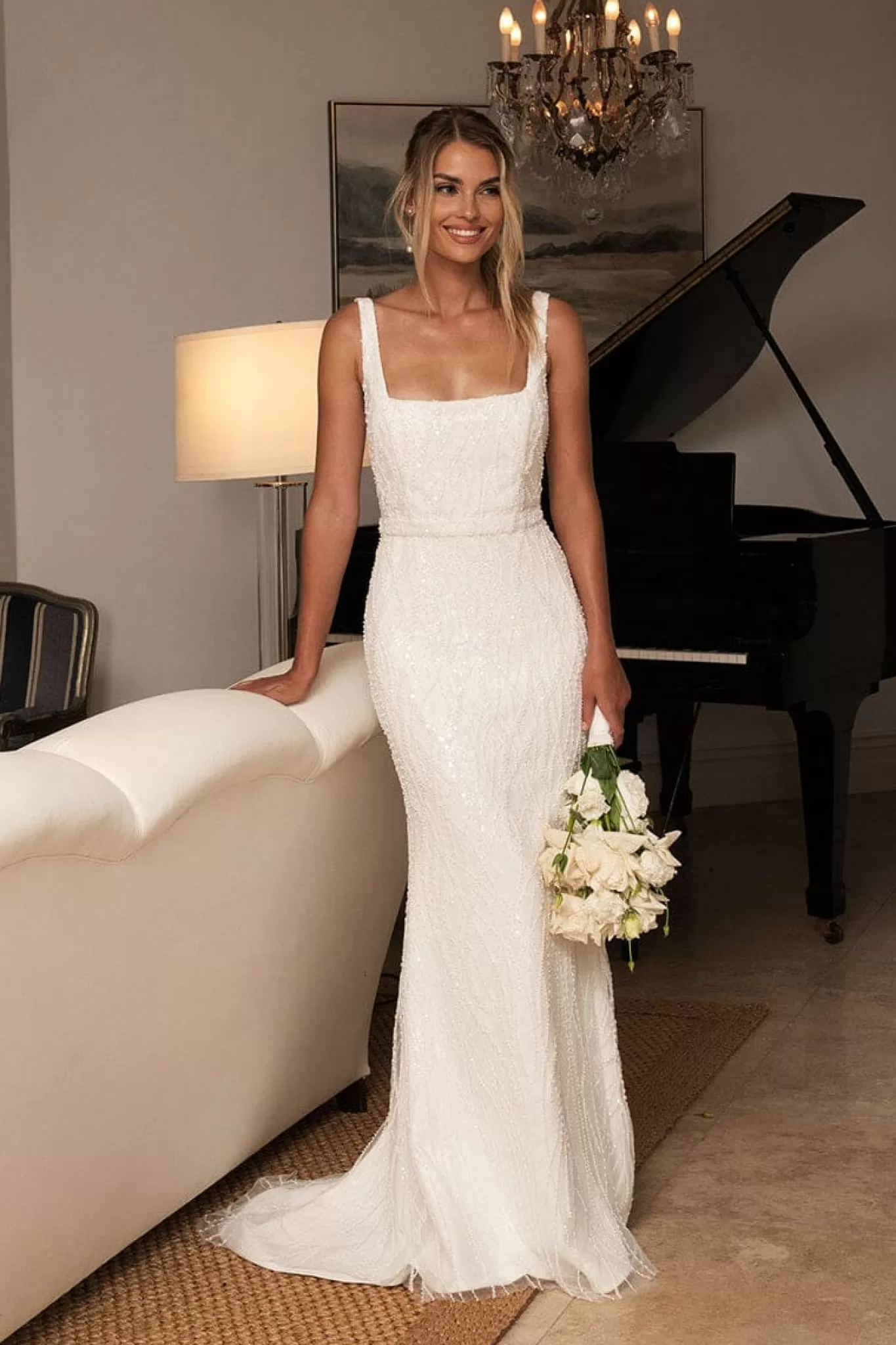 Women NBLUXE Dresses | Embellished>LUCA Square Neck Embellished Gown - Ivory