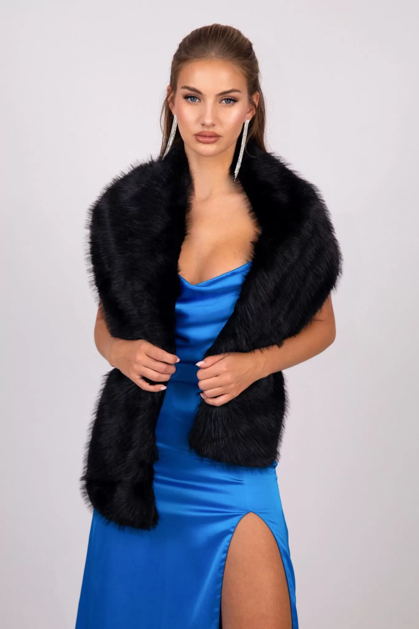 Women Hot Pink Black Tie Dresses | Outerwear>Marcella Faux Fur Shawl - Black