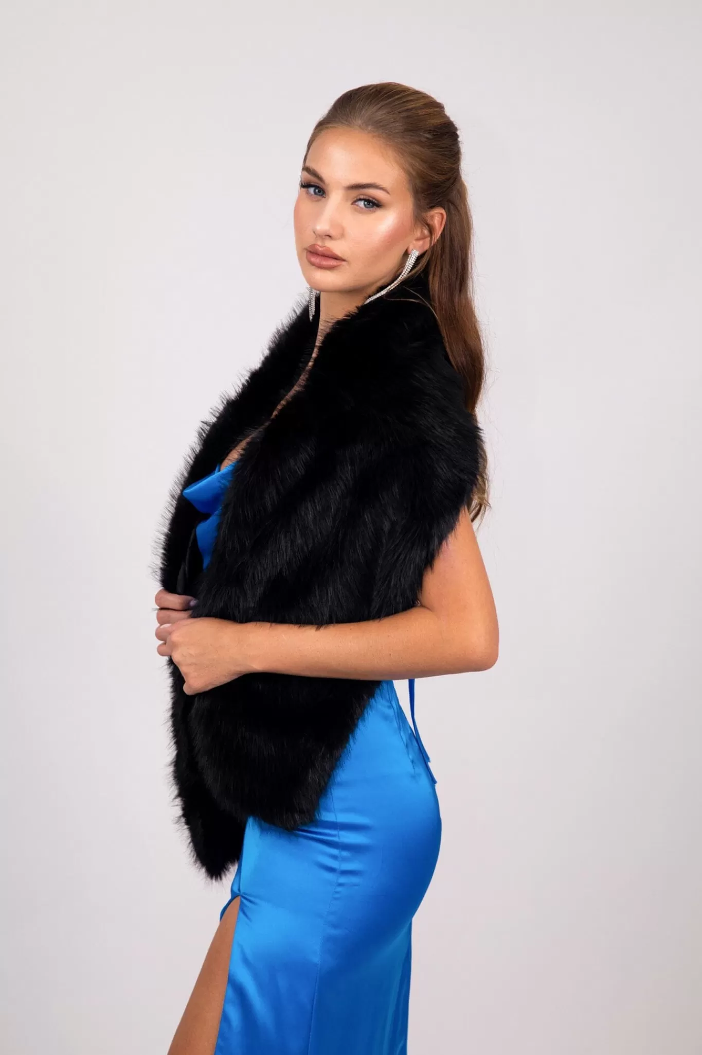 Women Hot Pink Black Tie Dresses | Outerwear>Marcella Faux Fur Shawl - Black