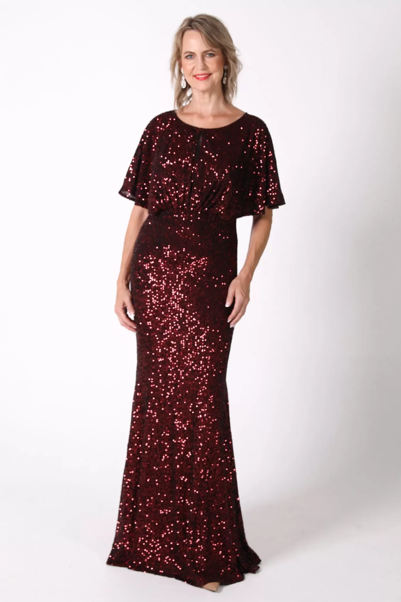 Women Hot Pink Dresses | Black Tie Dresses>Margaret Butterfly-Sleeve Sequin Maxi Dress - Burgundy