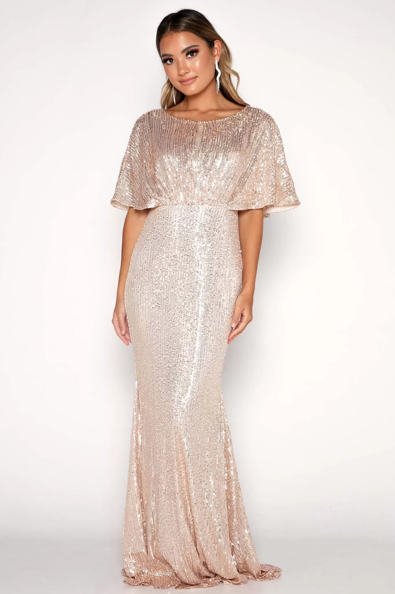 Women Hot Pink Dresses | Black Tie Dresses>Margaret Butterfly-Sleeve Sequin Maxi Dress - Gold