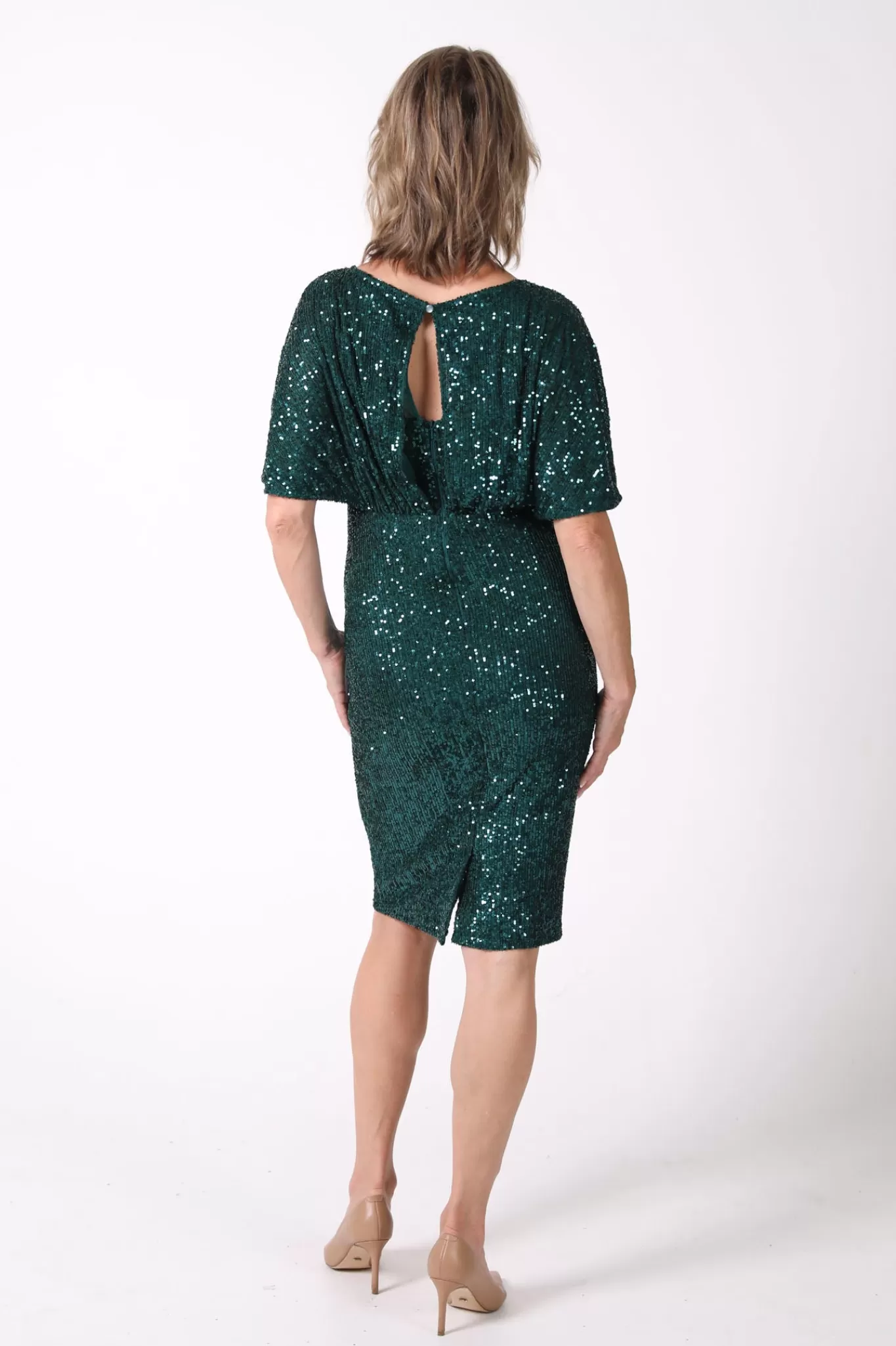 Women Hot Pink Dresses | Plus Size>Margaret Butterfly-Sleeve Sequin Midi Dress - Emerald Green