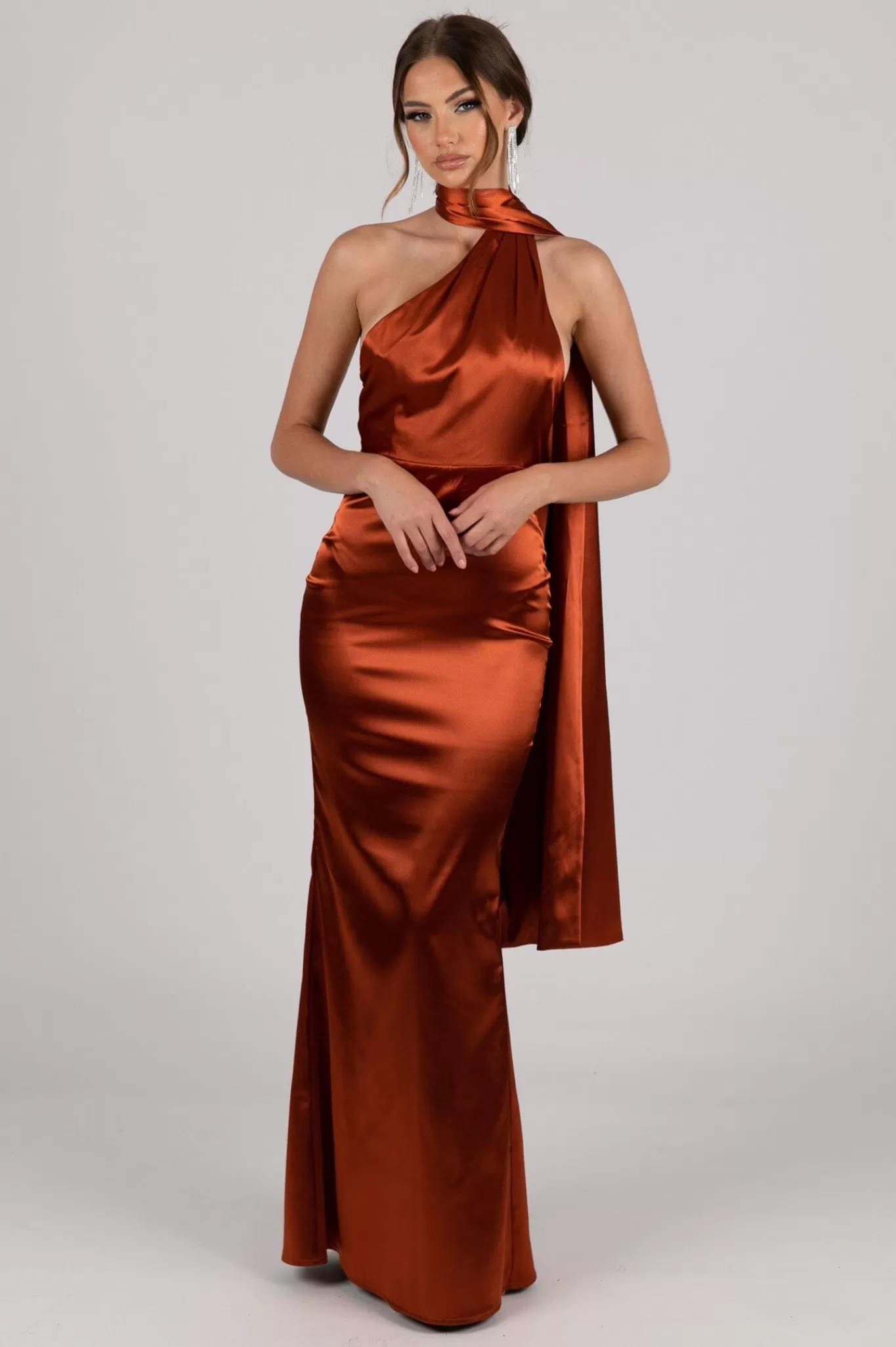 Women NBLUXE Dresses | Black Tie Dresses>MARGOT Scarf Neck Satin Maxi Dress - Burnt Orange