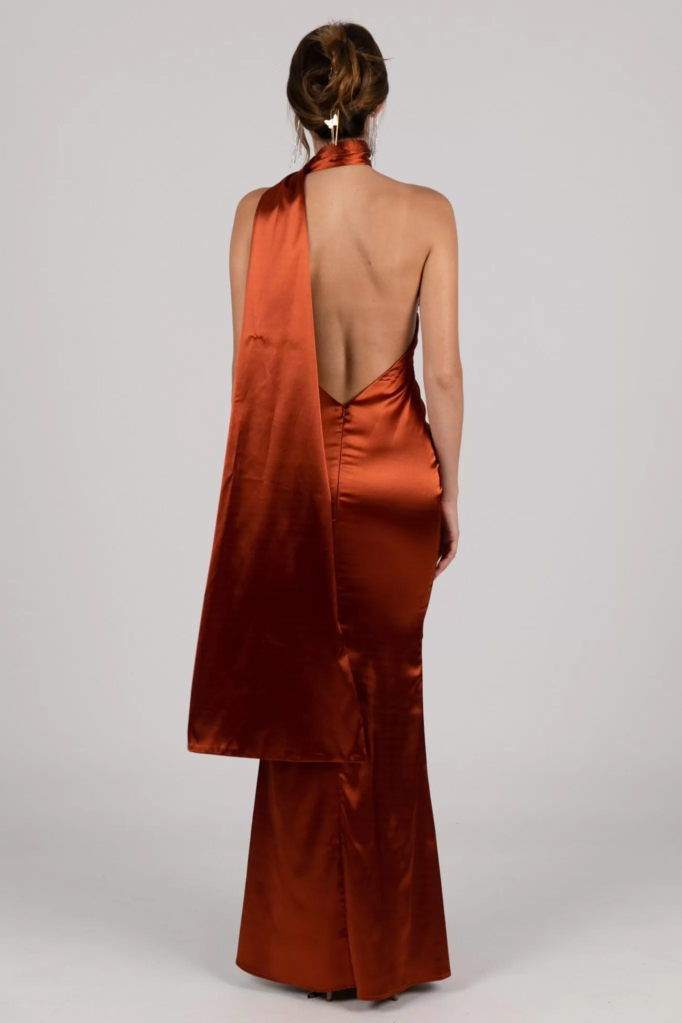 Women NBLUXE Dresses | Black Tie Dresses>MARGOT Scarf Neck Satin Maxi Dress - Burnt Orange