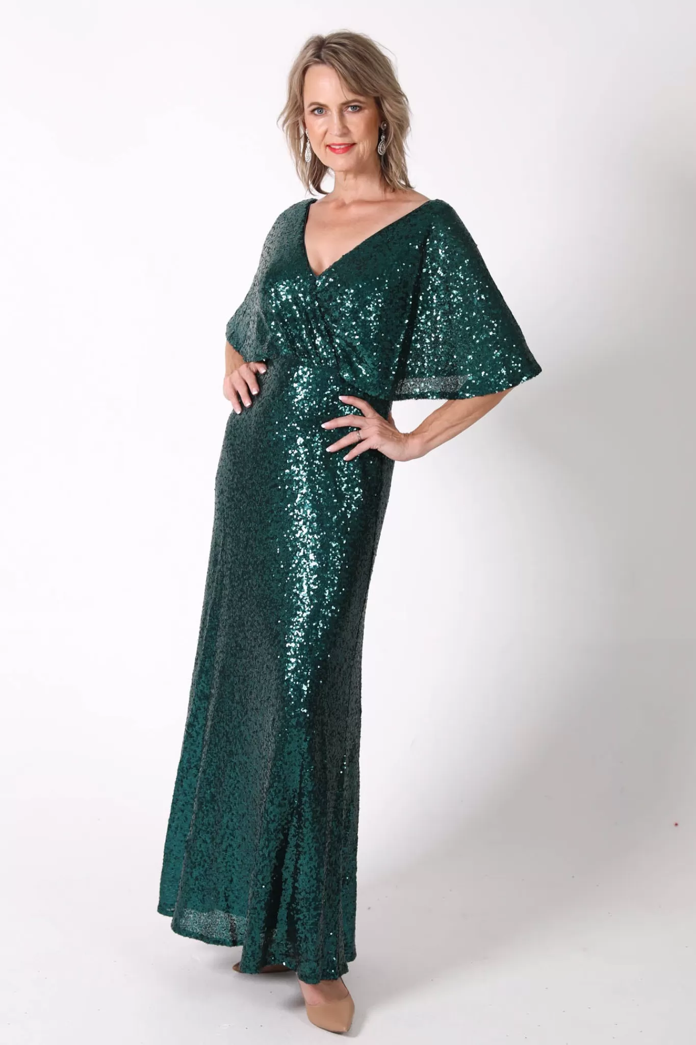 Women Hot Pink Dresses | Black Tie Dresses>Martha Butterfly-Sleeve Sequin Maxi Dress - Emerald Green