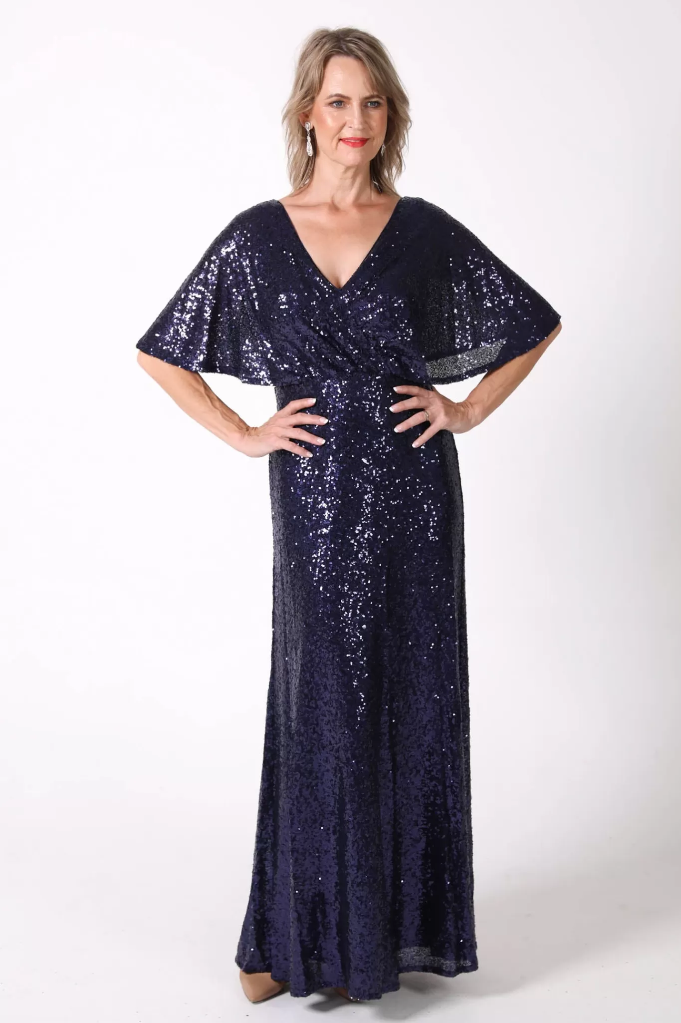 Women Hot Pink Dresses | Black Tie Dresses>Martha Butterfly-Sleeve Sequin Maxi Dress - Navy