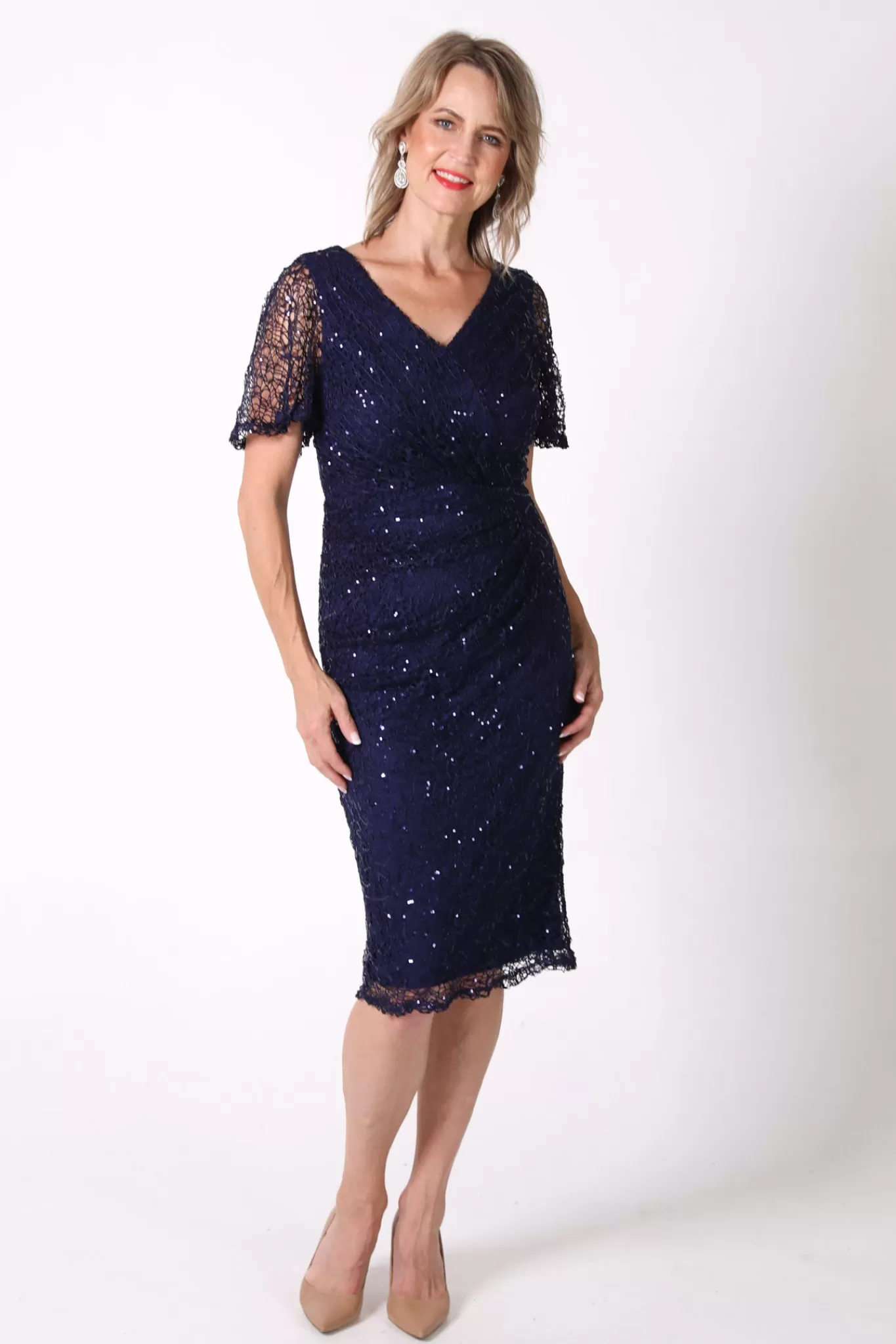 Women Hot Pink Dresses | Plus Size>Meredith V-Neck Sequin Midi Dress - Navy