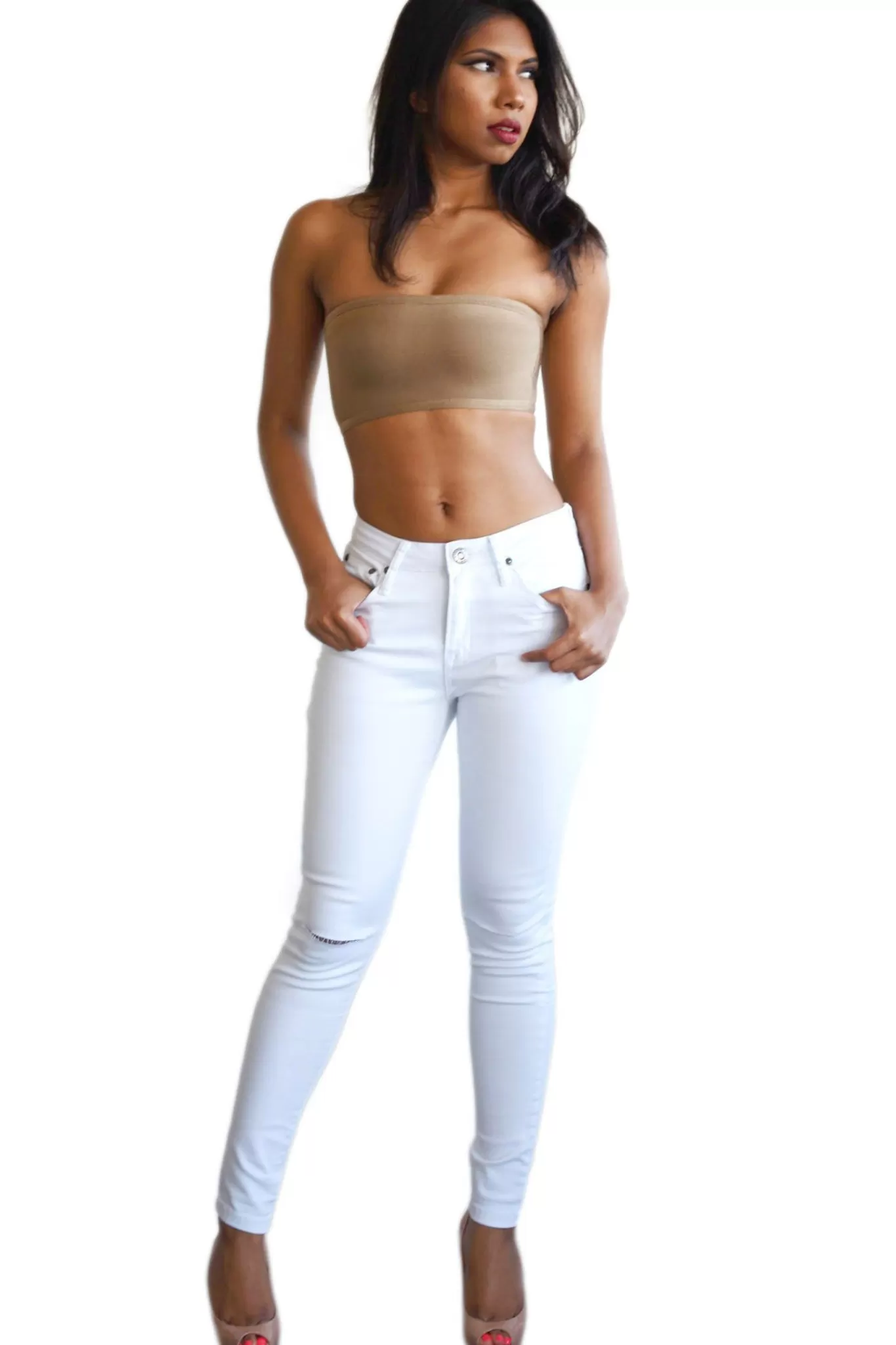 Women Wakee Jeans Bottoms>Mid Waist Skinny Jeans Ripped Knees - White