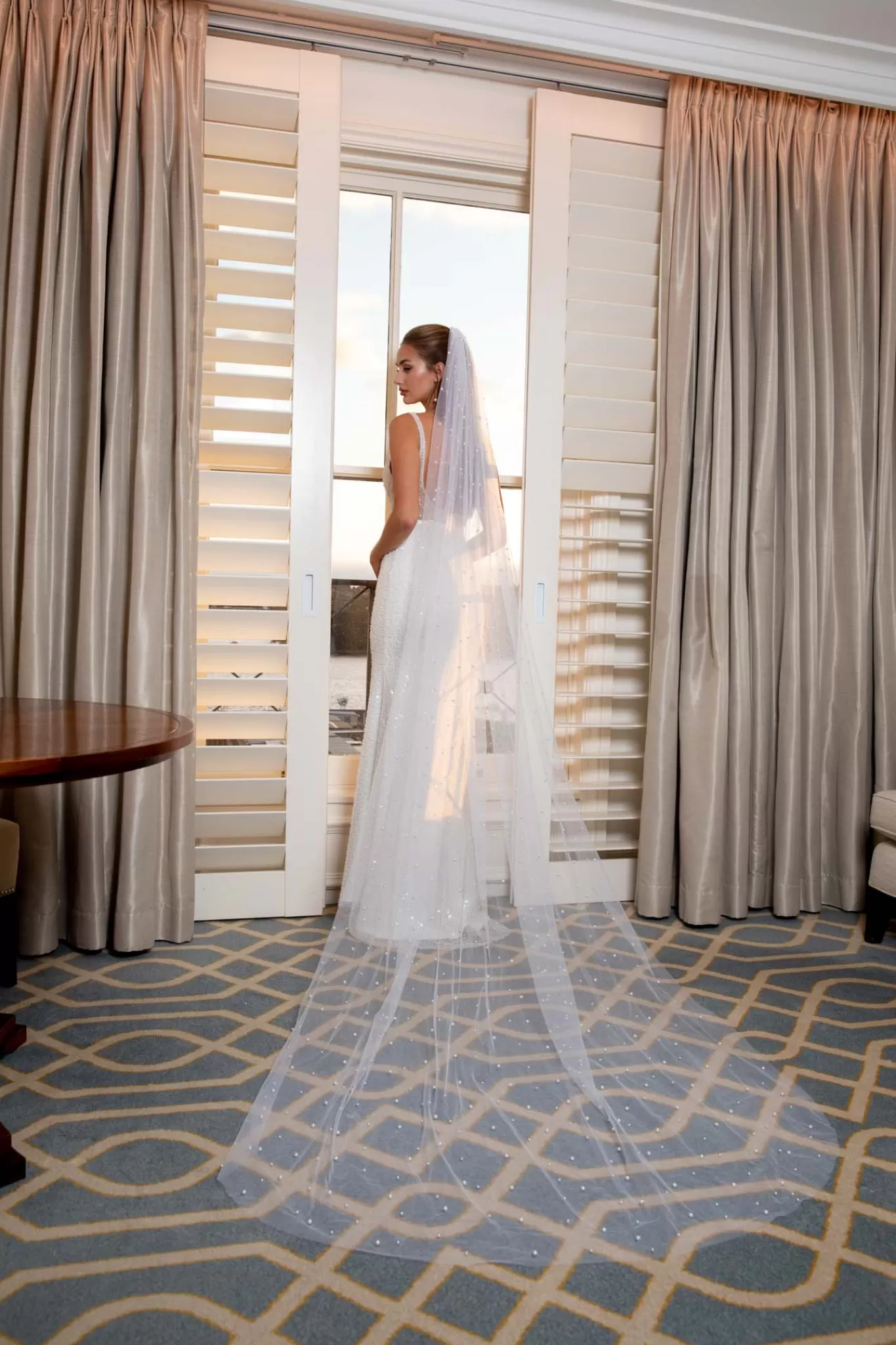 Women NBLUXE Plus Size | Dresses>MILANA Sheer Corset Beaded Gown - Ivory