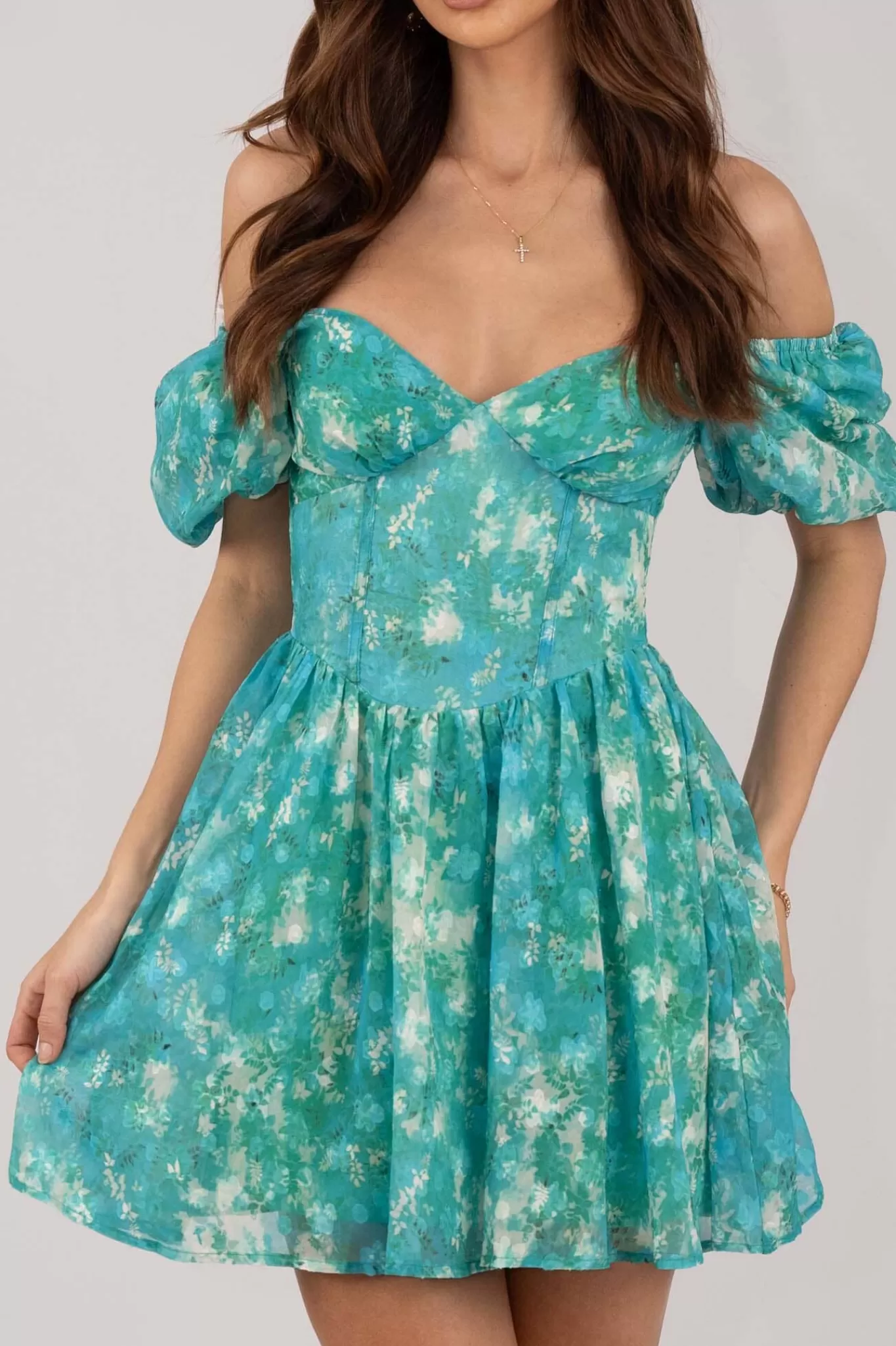 Women Sweetacacia Dresses>Miyah Puff Sleeve Mini Dress - Green Floral