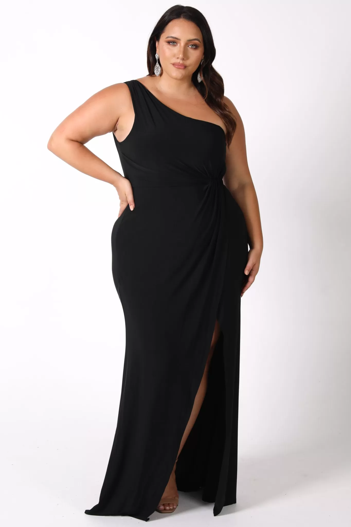 Women Hot Pink Plus Size | Dresses>NELIA One Shoulder Maxi Column Dress - Black