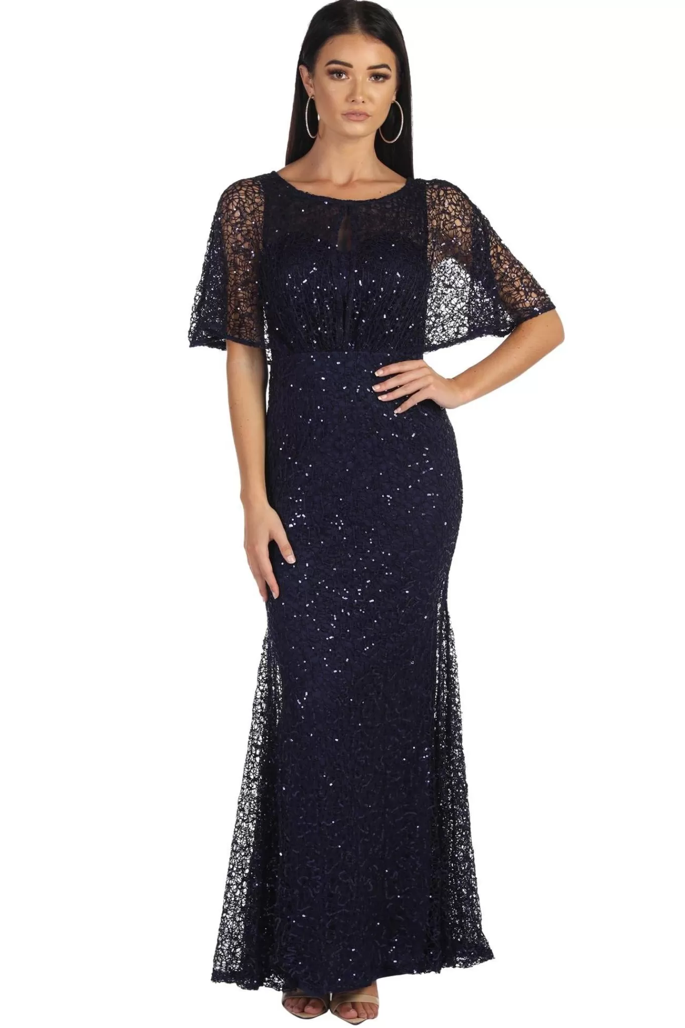 Women Hot Pink Dresses | Black Tie Dresses>Opal Butterfly-Sleeve Sequin Maxi Dress - Navy