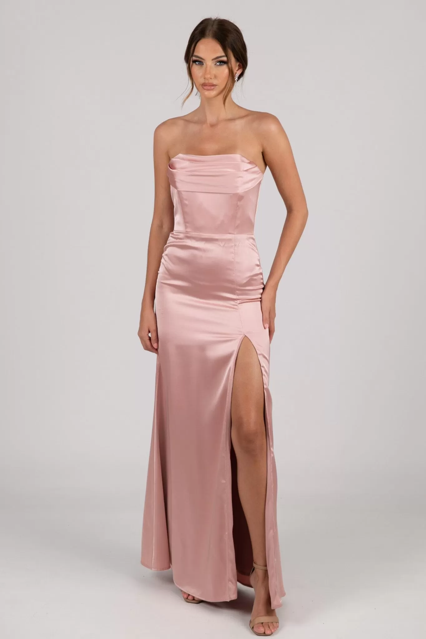 Women NBLUXE Dresses | Black Tie Dresses>Peyton Strapless Satin Maxi Dress - Dusty Pink