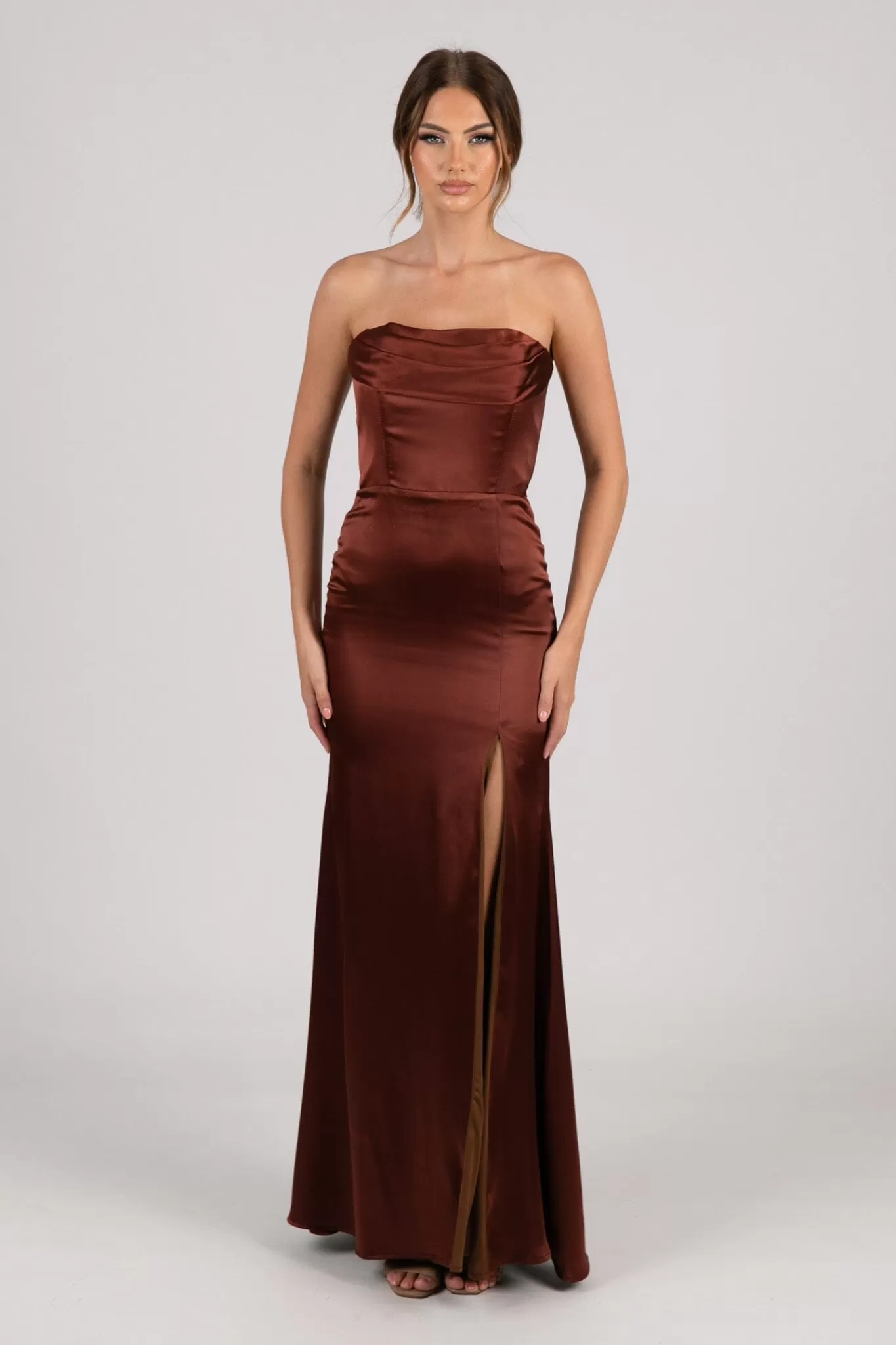 Women NBLUXE Dresses | Black Tie Dresses>Peyton Strapless Satin Maxi Dress - Mahogany