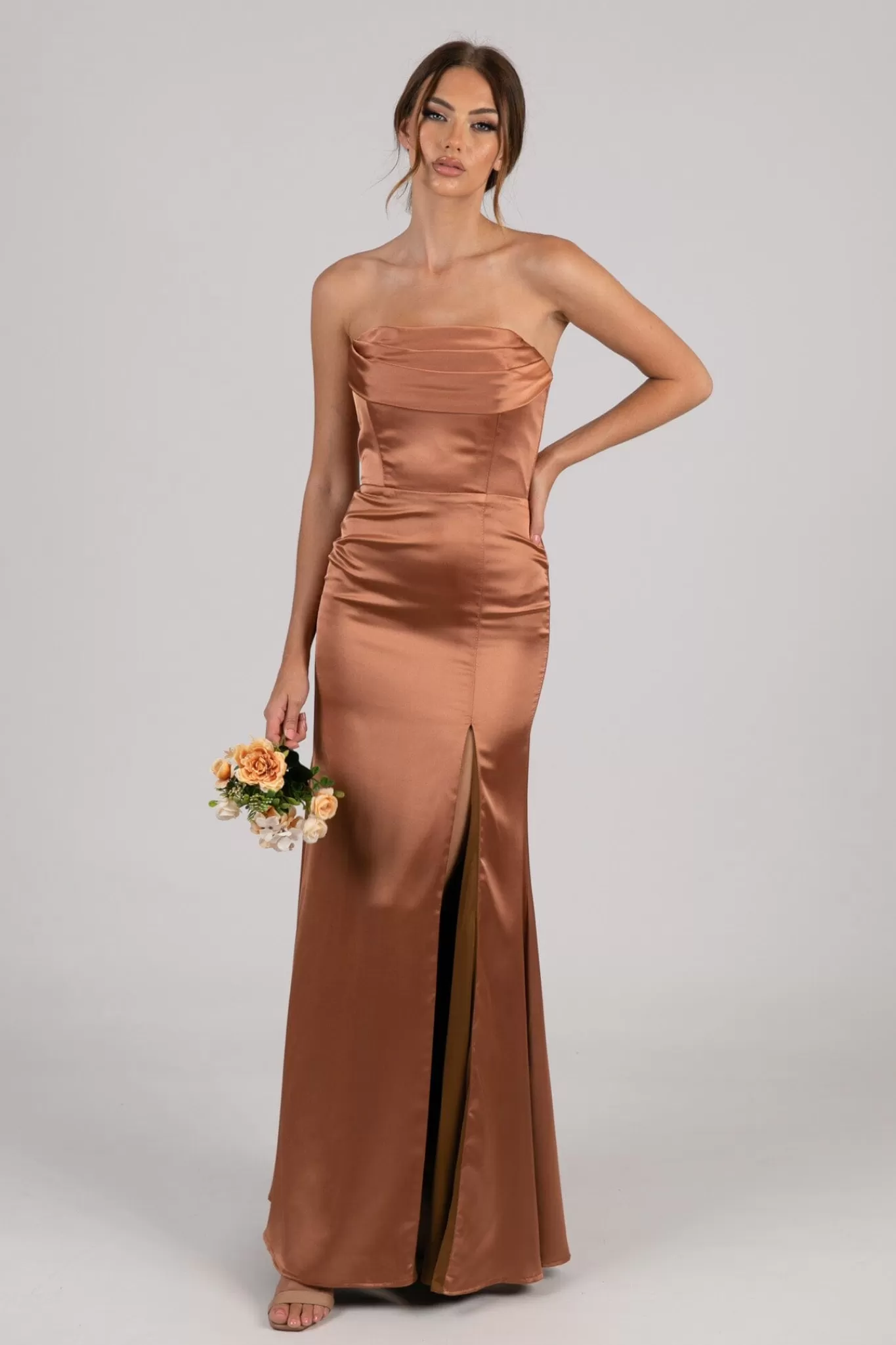 Women NBLUXE Dresses | Black Tie Dresses>Peyton Strapless Satin Maxi Dress - Terracotta