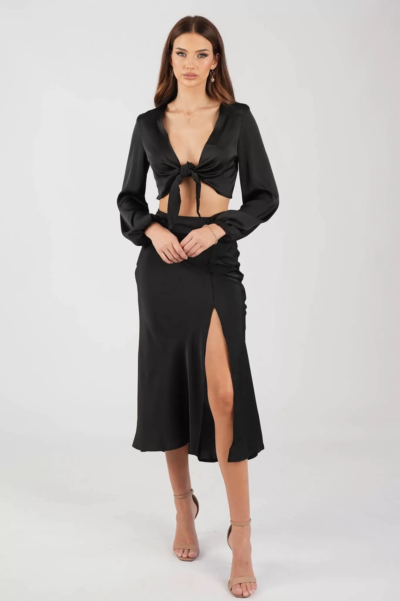 Women Style State Two-Piece Outfits | Long Sleeve Dresses>Quinn Satin Set - Long Sleeve Crop Top and Midi Skirt in Black