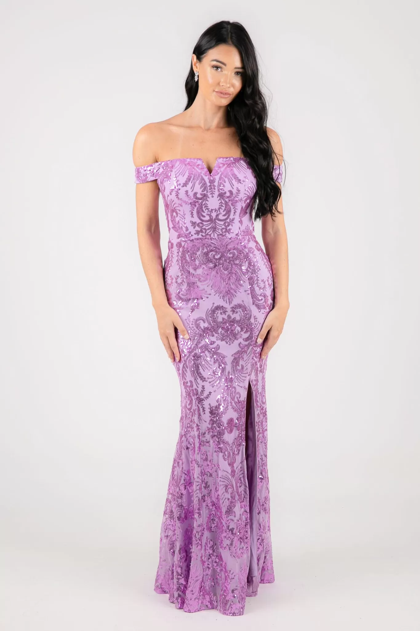 Women Hot Pink Dresses | Black Tie Dresses>Ramona Off Shoulder Sequin Gown - Lilac