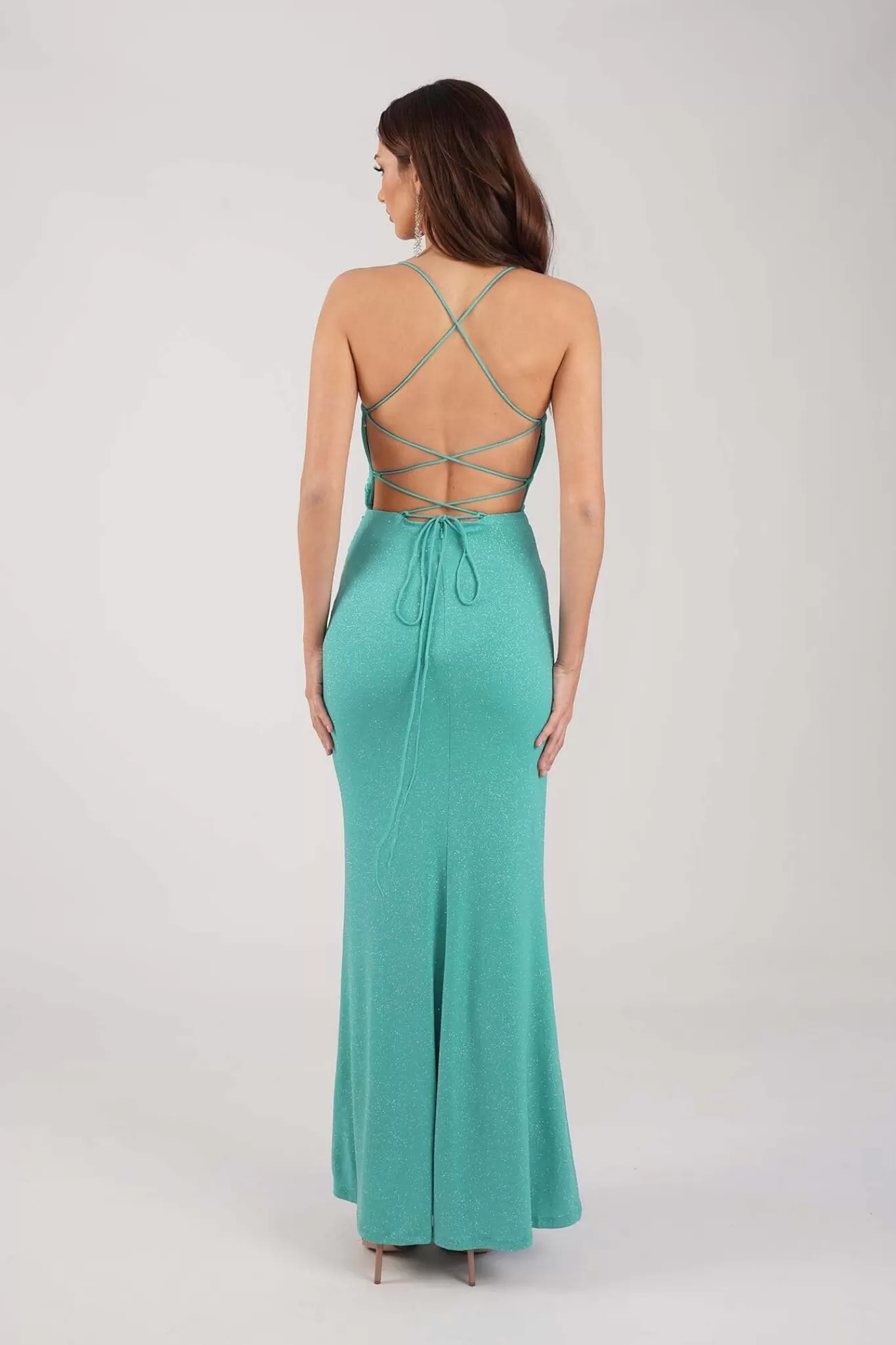 Women Hot Pink Dresses | Backless Dresses>Raya Lace Up Shimmer Gown - Mint