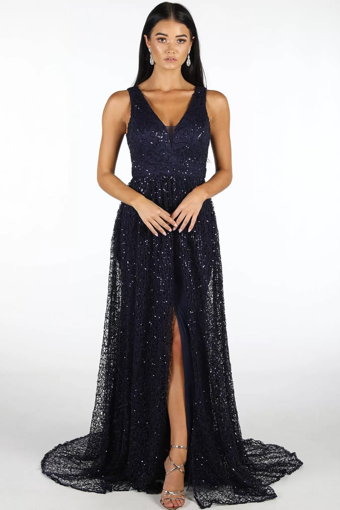 Women Hot Pink Dresses | Sequin Dresses>Renata A-Line Sequin Ball Gown - Navy