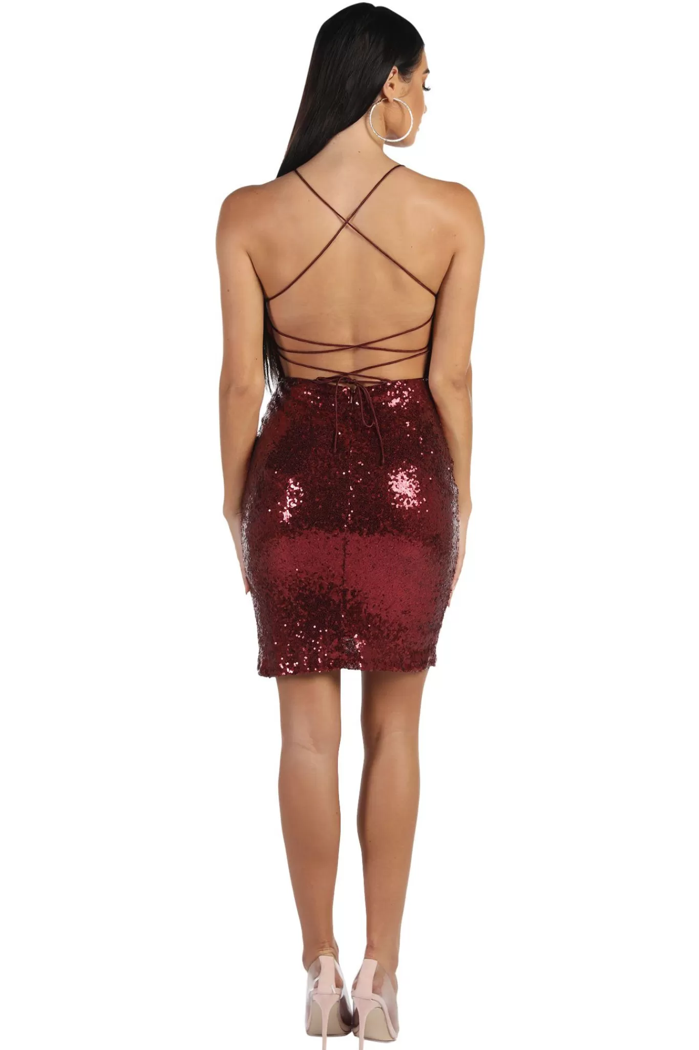 Women Hot Pink Dresses | Backless Dresses>RIO Lace Up Back Sequin Mini Dress - Wine