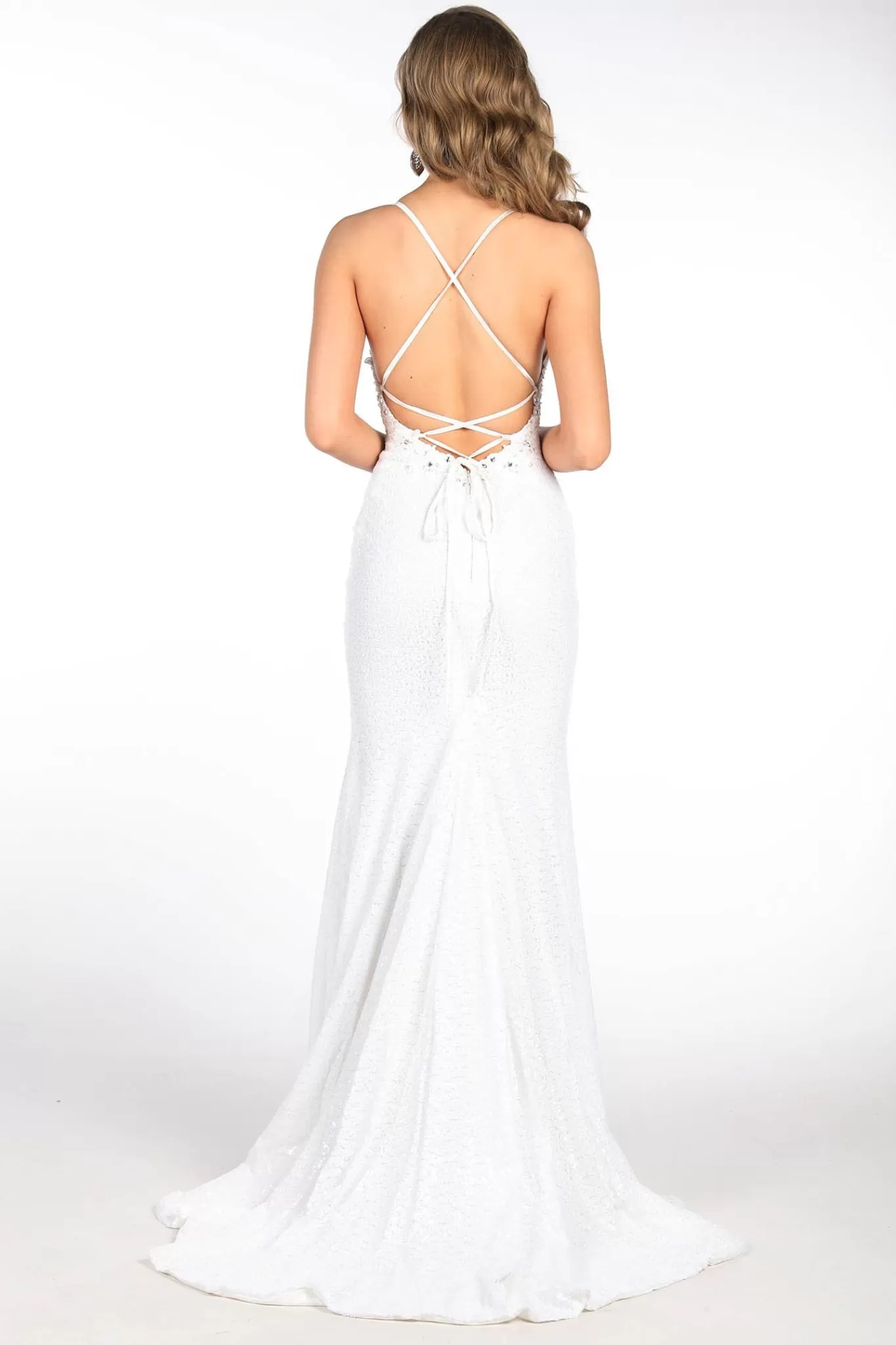 Women NBLUXE Dresses | Backless Dresses>ROSIE LUXE Lace Up Back (No Slit) Sequin Gown - White