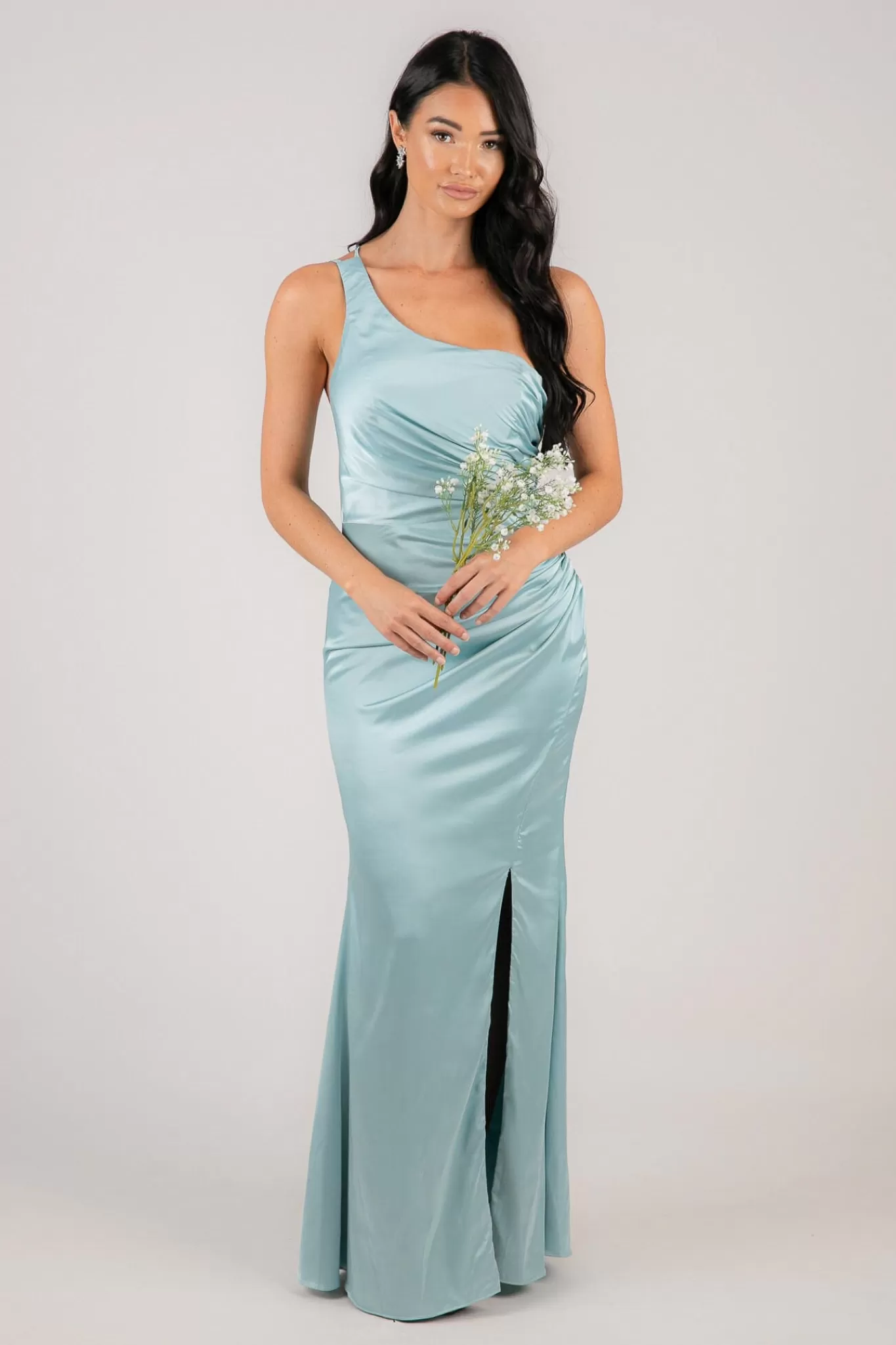 Women Hot Pink Dresses | Black Tie Dresses>SELENE One Shoulder Satin Maxi Dress - Ice Blue