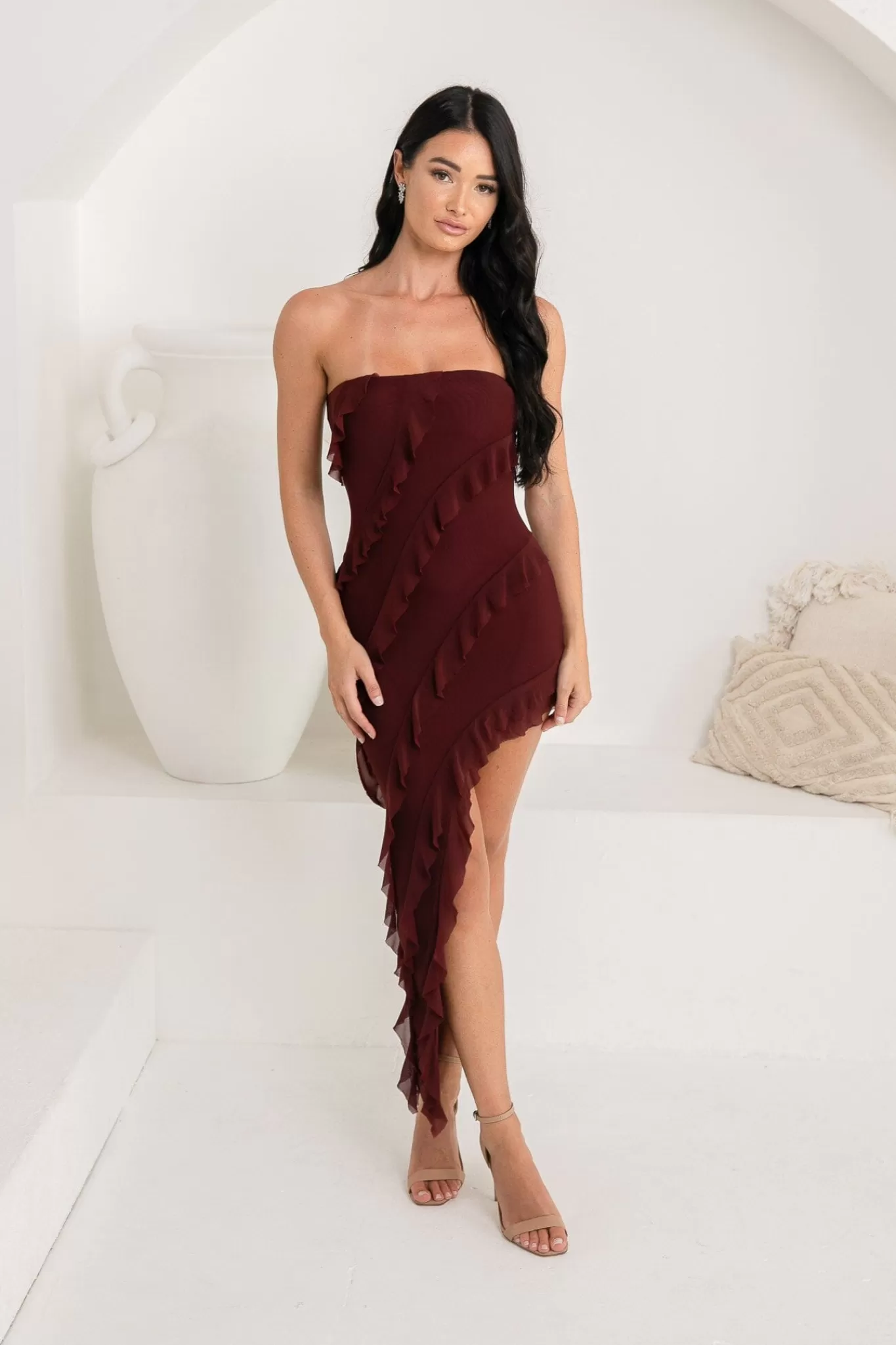 Women Luvalot Dresses | Cocktail Dresses>Solita Strapless Frill Detail Maxi Dress - Burgundy