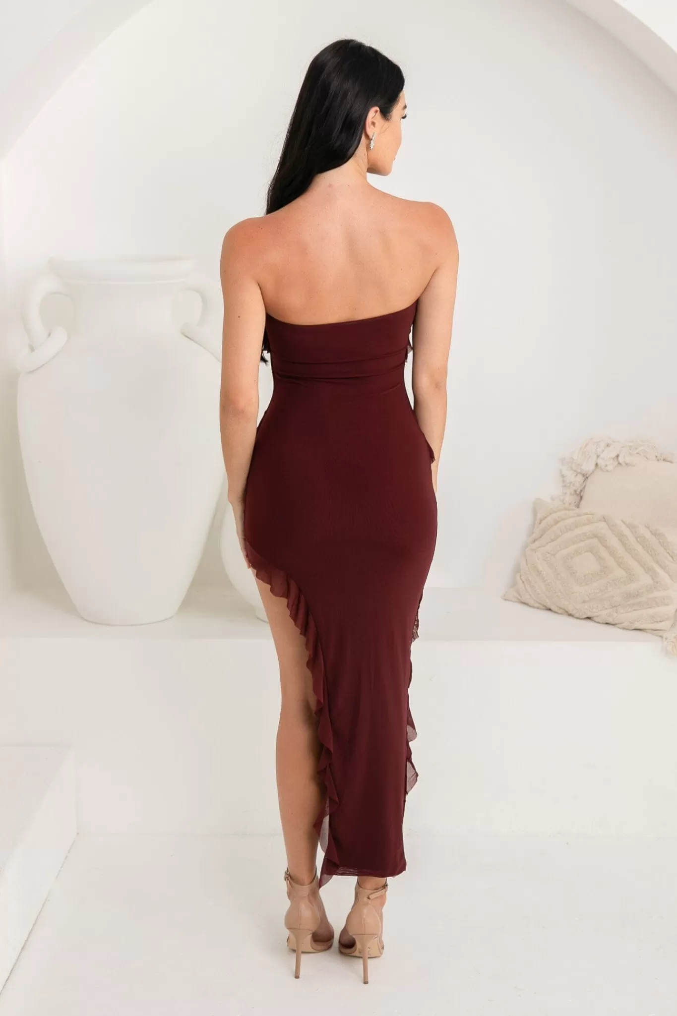 Women Luvalot Dresses | Cocktail Dresses>Solita Strapless Frill Detail Maxi Dress - Burgundy