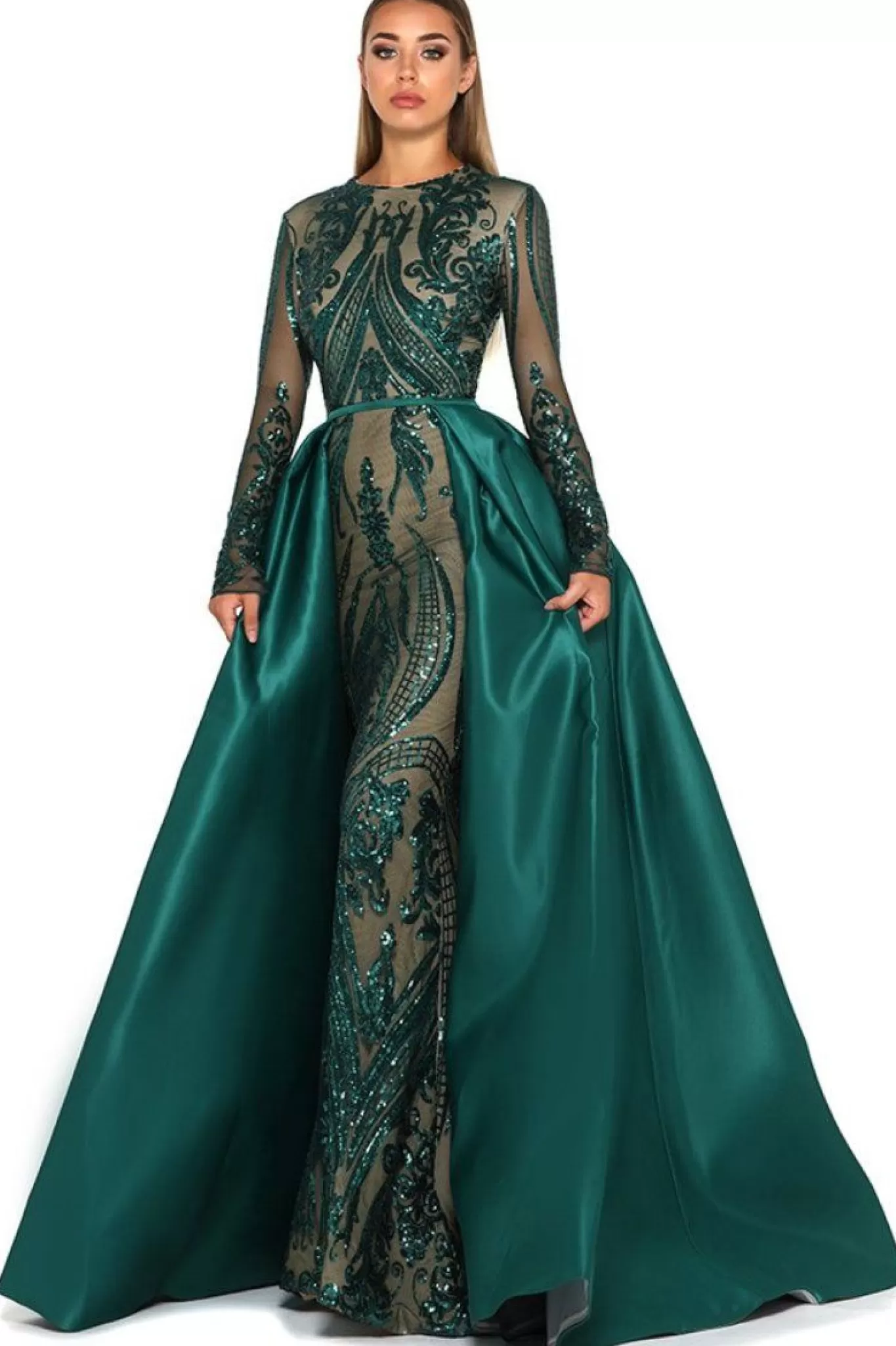 Women Portia & Scarlett Formal Dresses | Dresses>Style 1705 Long Sleeve Gown in Emerald by (Last Pieces - S & XXL)