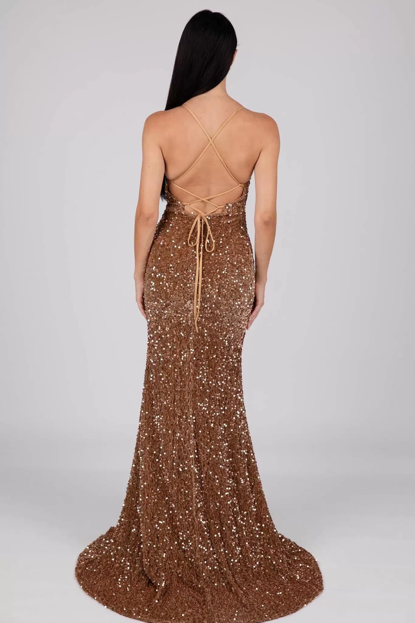 Women NBLUXE Dresses | Backless Dresses>Zelda Side Slit Velvet Sequin Gown - Bronze Gold