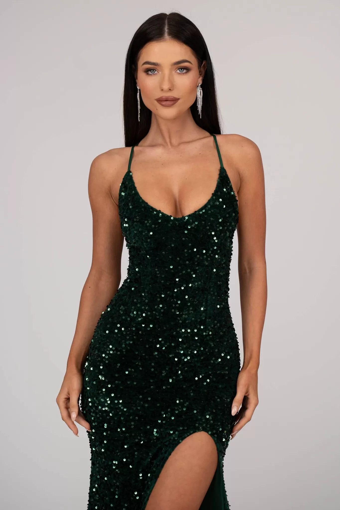 Women NBLUXE Dresses | Backless Dresses>Zelda Side Slit Velvet Sequin Gown - Emerald