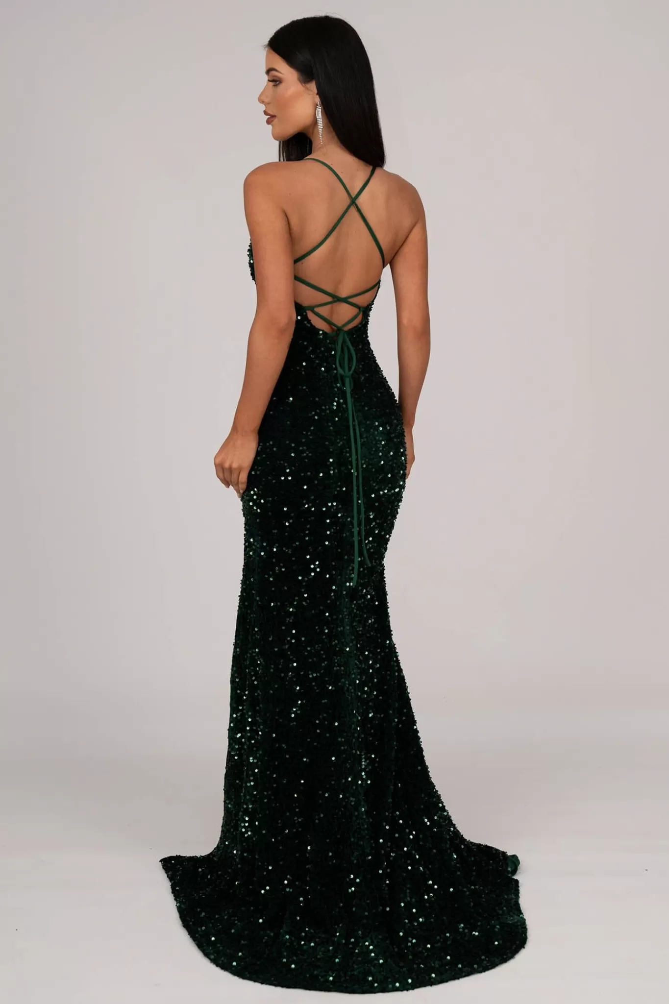 Women NBLUXE Dresses | Backless Dresses>Zelda Side Slit Velvet Sequin Gown - Emerald