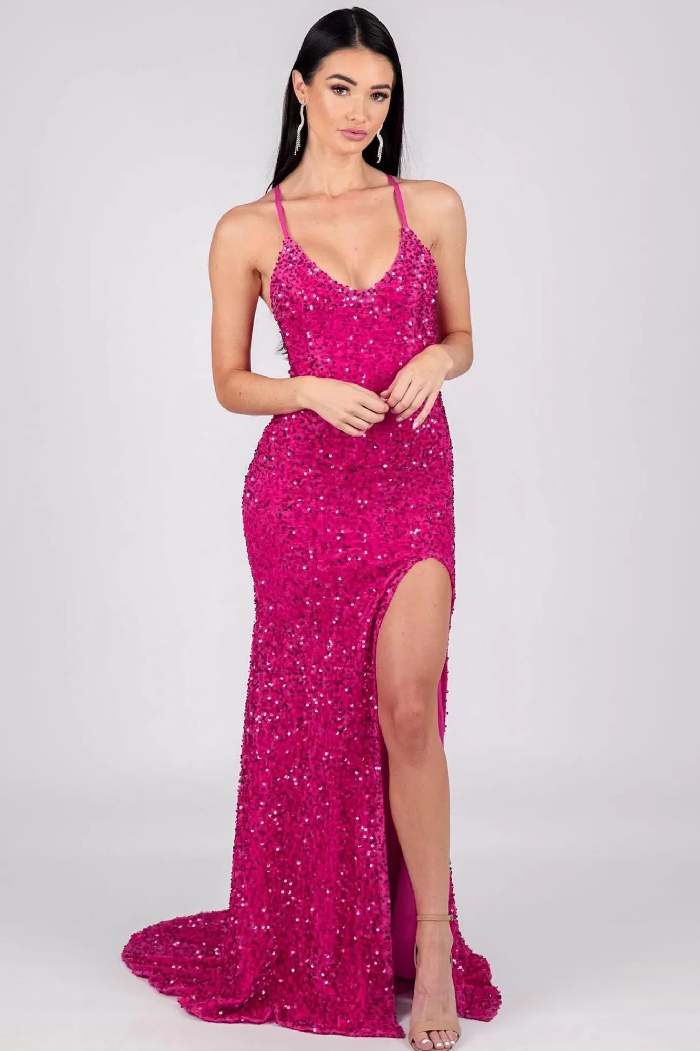 Women NBLUXE Dresses | Backless Dresses>Zelda Side Slit Velvet Sequin Gown - Fuchsia