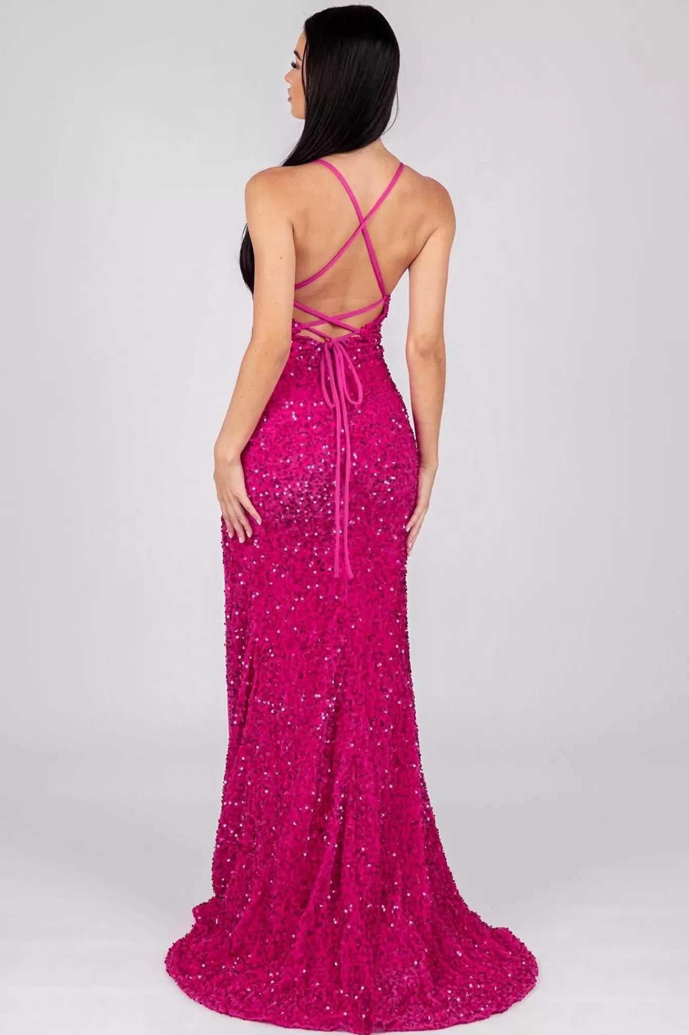 Women NBLUXE Dresses | Backless Dresses>Zelda Side Slit Velvet Sequin Gown - Fuchsia