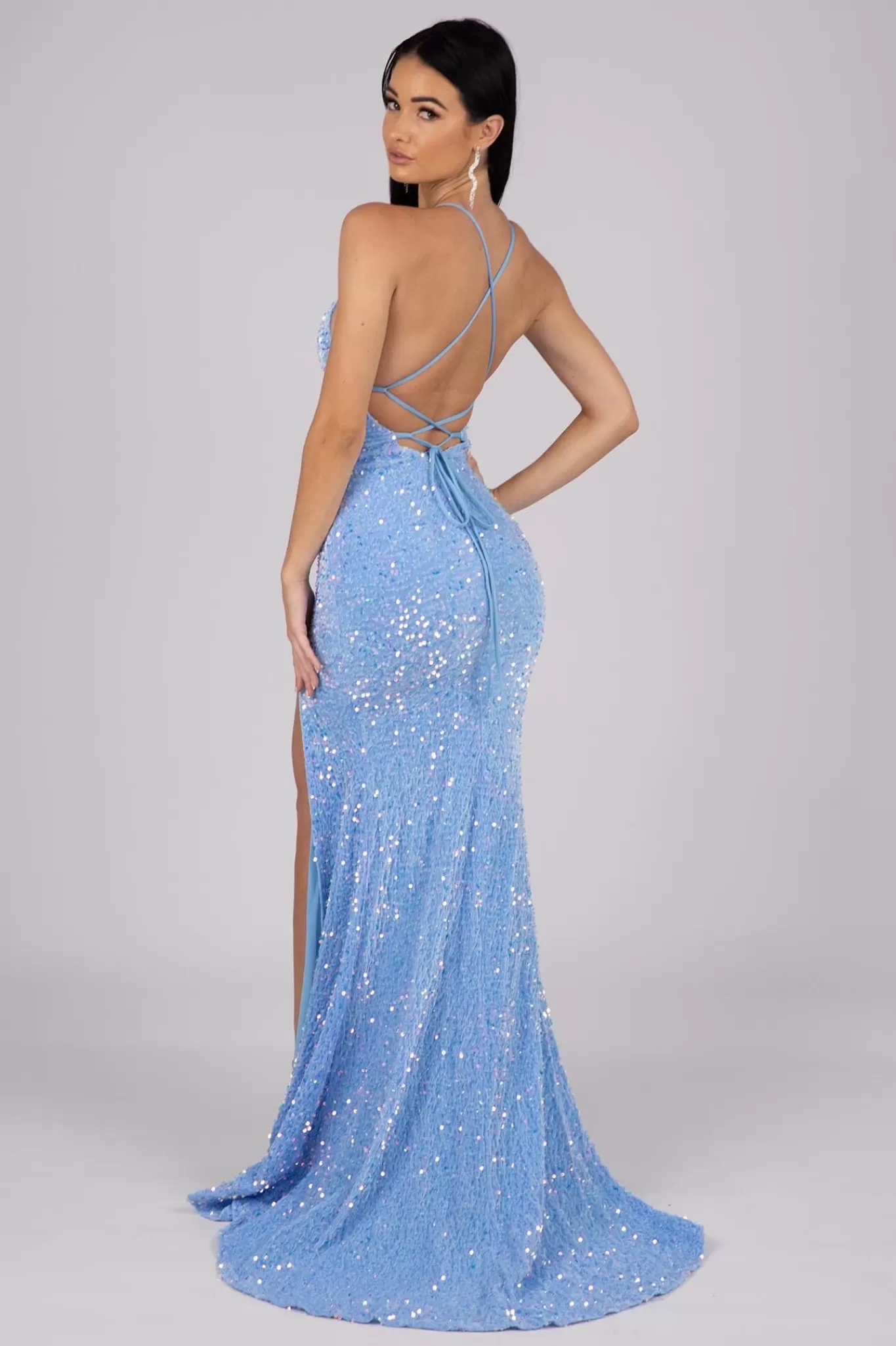 Women NBLUXE Dresses | Backless Dresses>Zelda Side Slit Velvet Sequin Gown - Light Blue