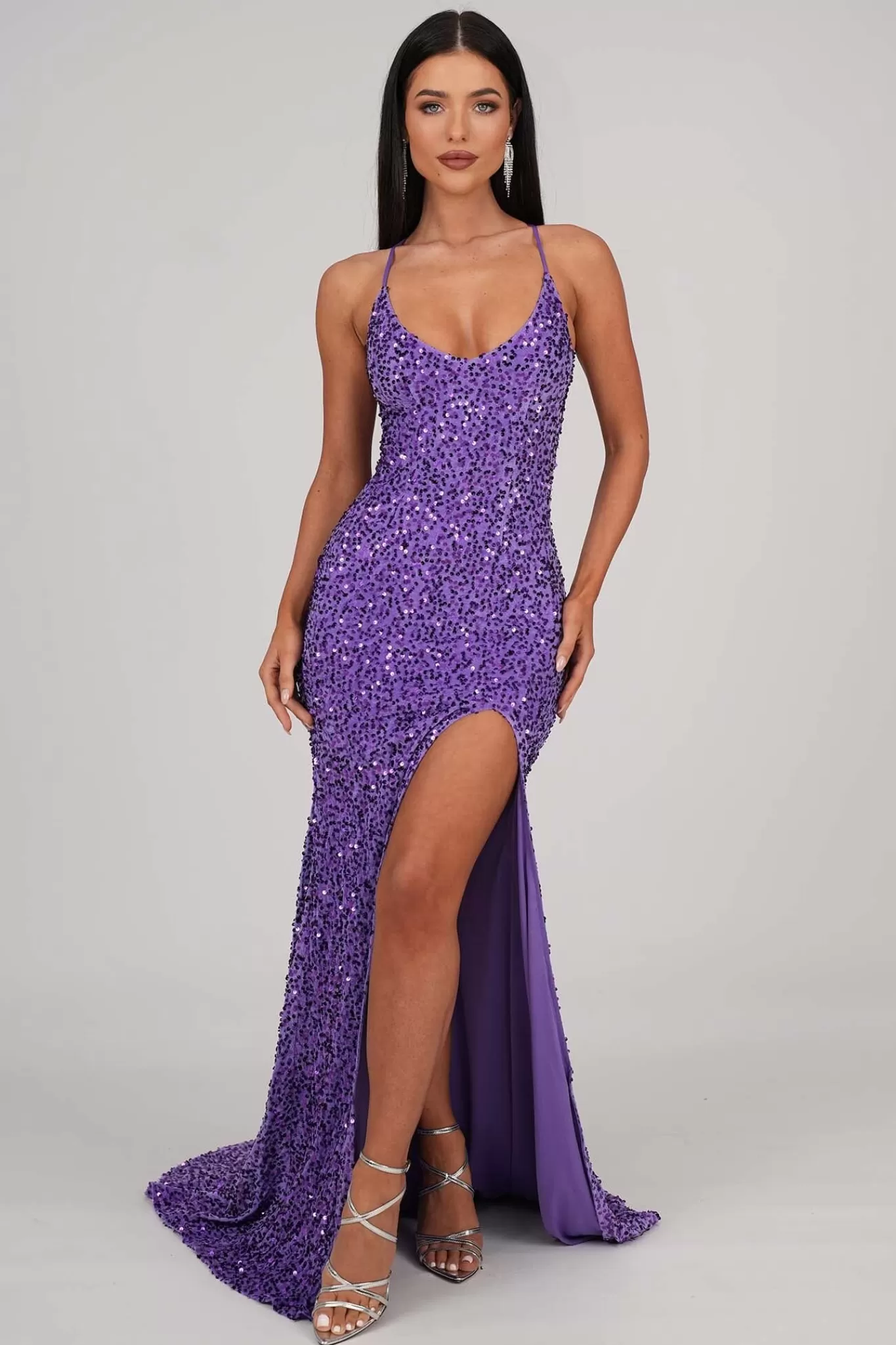 Women NBLUXE Dresses | Black Tie Dresses>Zelda Side Slit Velvet Sequin Gown - Light Purple