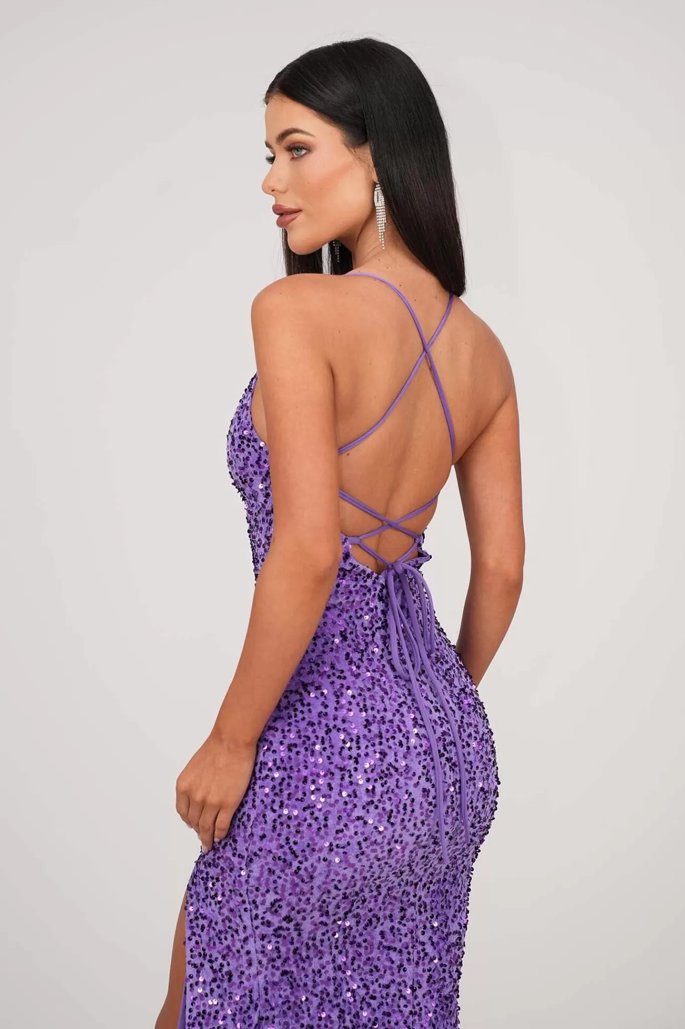 Women NBLUXE Dresses | Black Tie Dresses>Zelda Side Slit Velvet Sequin Gown - Light Purple