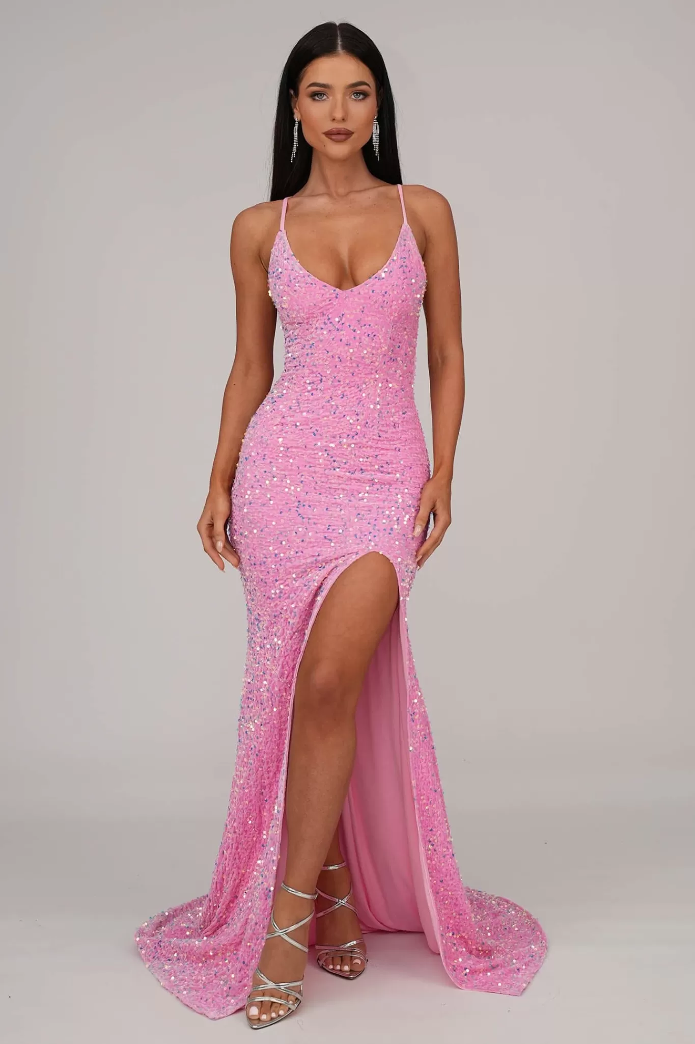 Women NBLUXE Dresses | Backless Dresses>Zelda Side Slit Velvet Sequin Gown - Pink