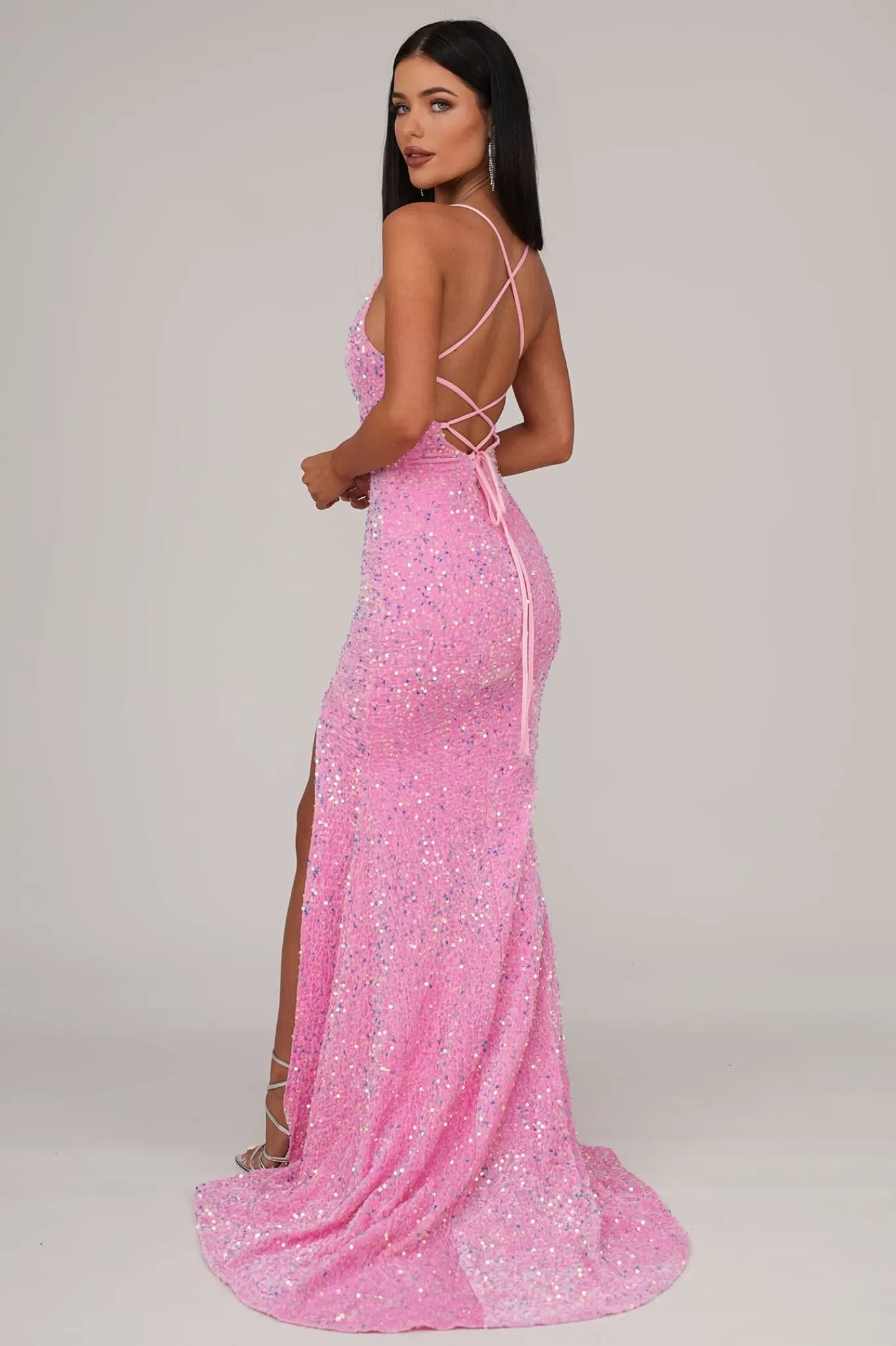 Women NBLUXE Dresses | Backless Dresses>Zelda Side Slit Velvet Sequin Gown - Pink