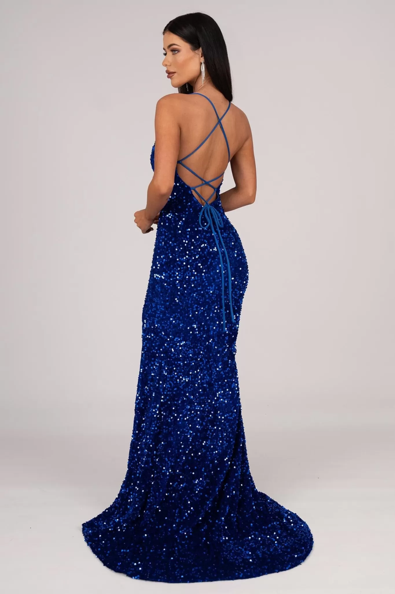 Women NBLUXE Dresses | Backless Dresses>Zelda Side Slit Velvet Sequin Gown - Royal Blue